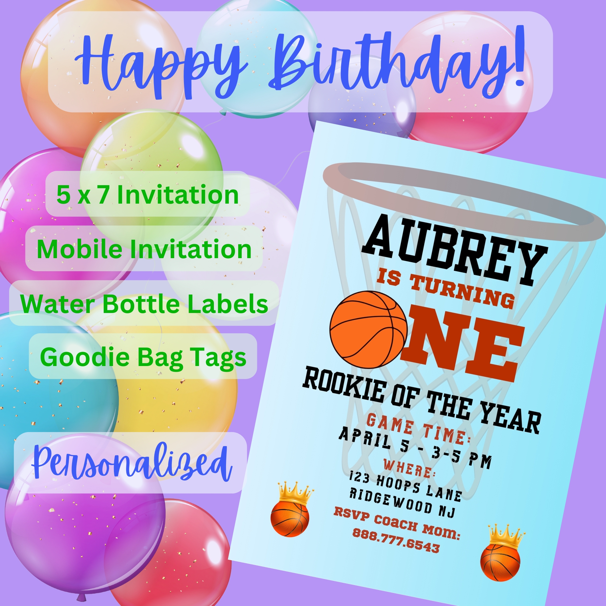 Kids Basketball Birthday Party Invitation Bundle – Rookie Theme – Digital Printable