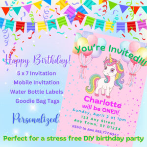 Kids Unicorn Rainbow Birthday Party Invitation Bundle Digital Printable