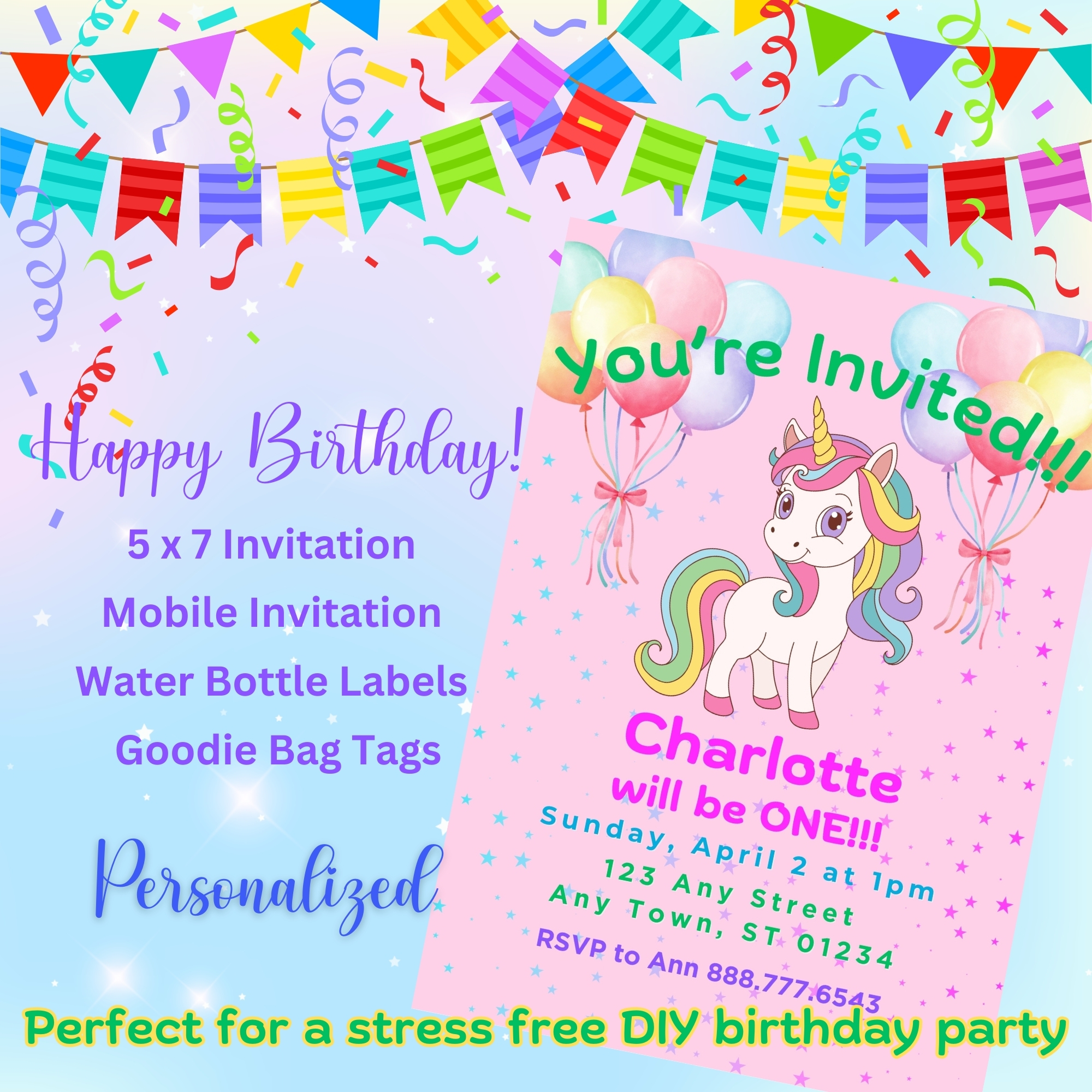 Kids Unicorn Rainbow Birthday Party Invitation Bundle Digital Printable