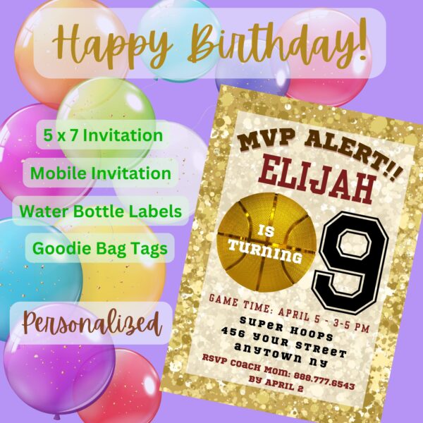 Kids Basketball Birthday Party Invitation Bundle – MVP Theme – Digital Printable
