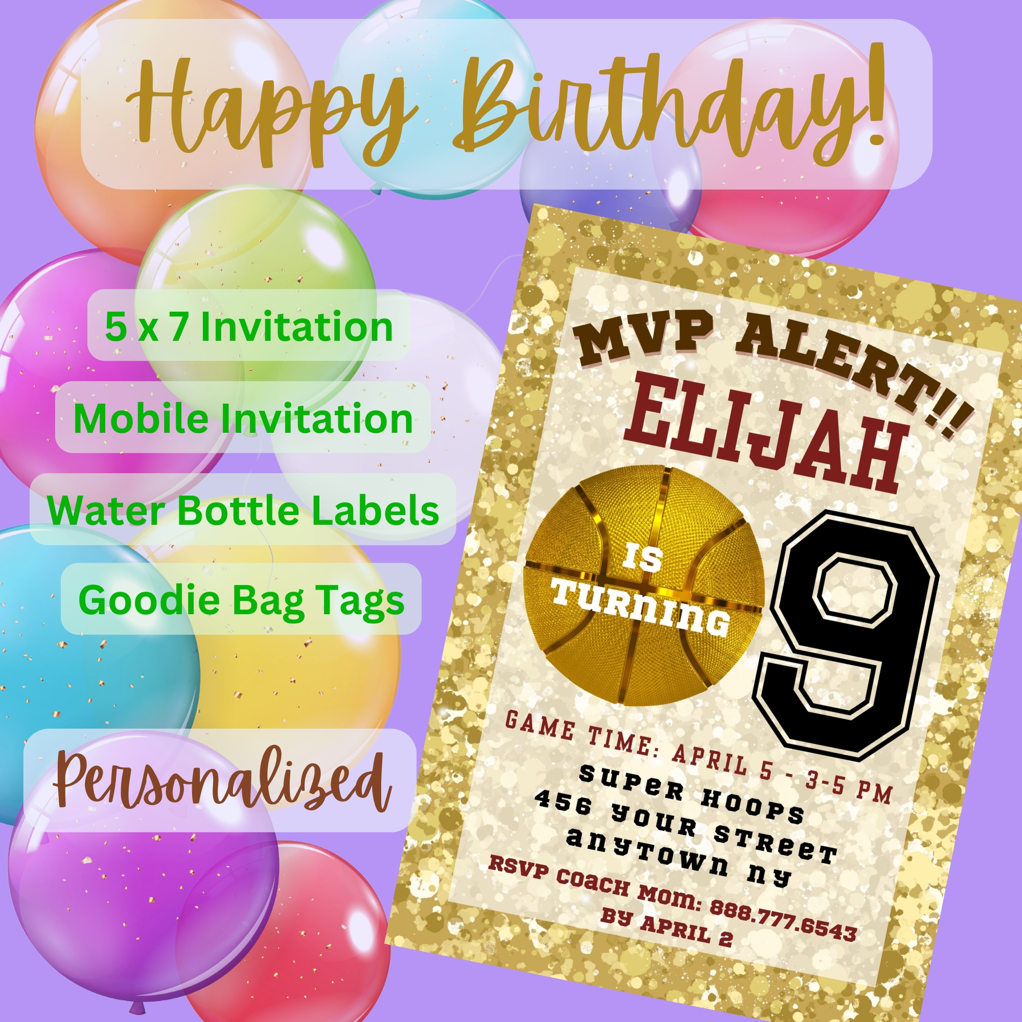 Kids Basketball Birthday Party Invitation Bundle – MVP Theme – Digital Printable