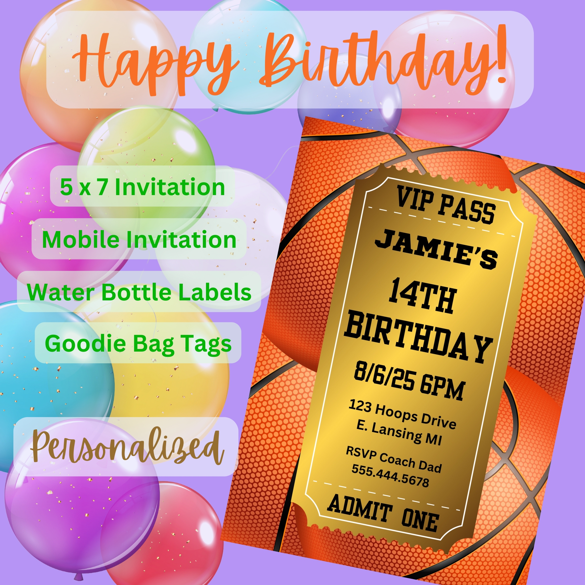 Kids Basketball Birthday Party Invitation Bundle – VIP Pass Theme – Digital Printable