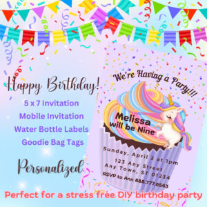 Kids Unicorn Cupcake Birthday Party Invitation Bundle Digital Printable
