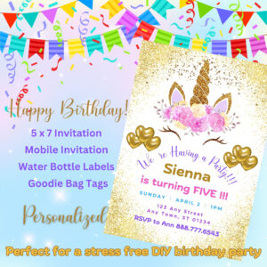 • Kids Unicorn Gold Glitter Birthday Invitation Bundle