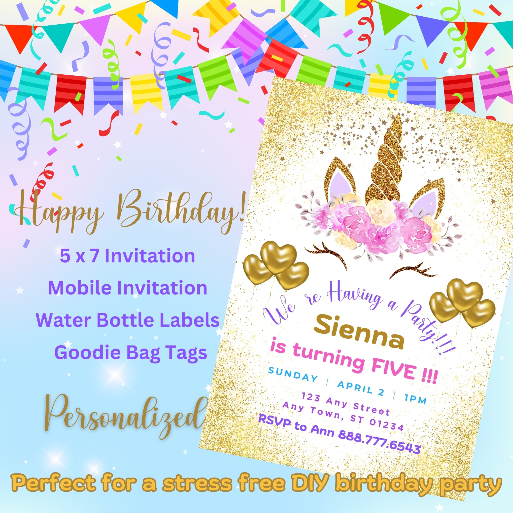 • Kids Unicorn Gold Glitter Birthday Invitation Bundle