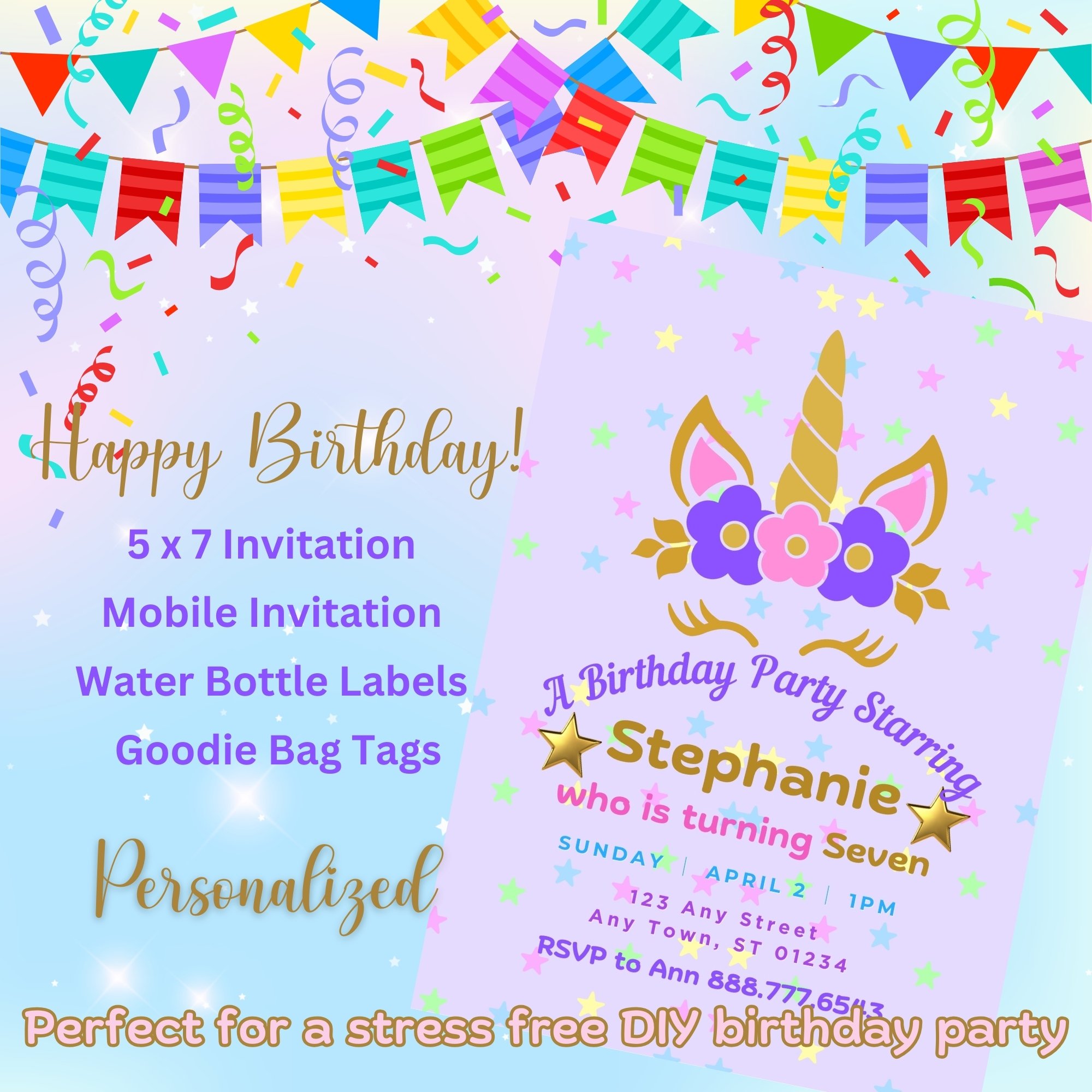 Kids Unicorn Magical Birthday Invitation Bundle