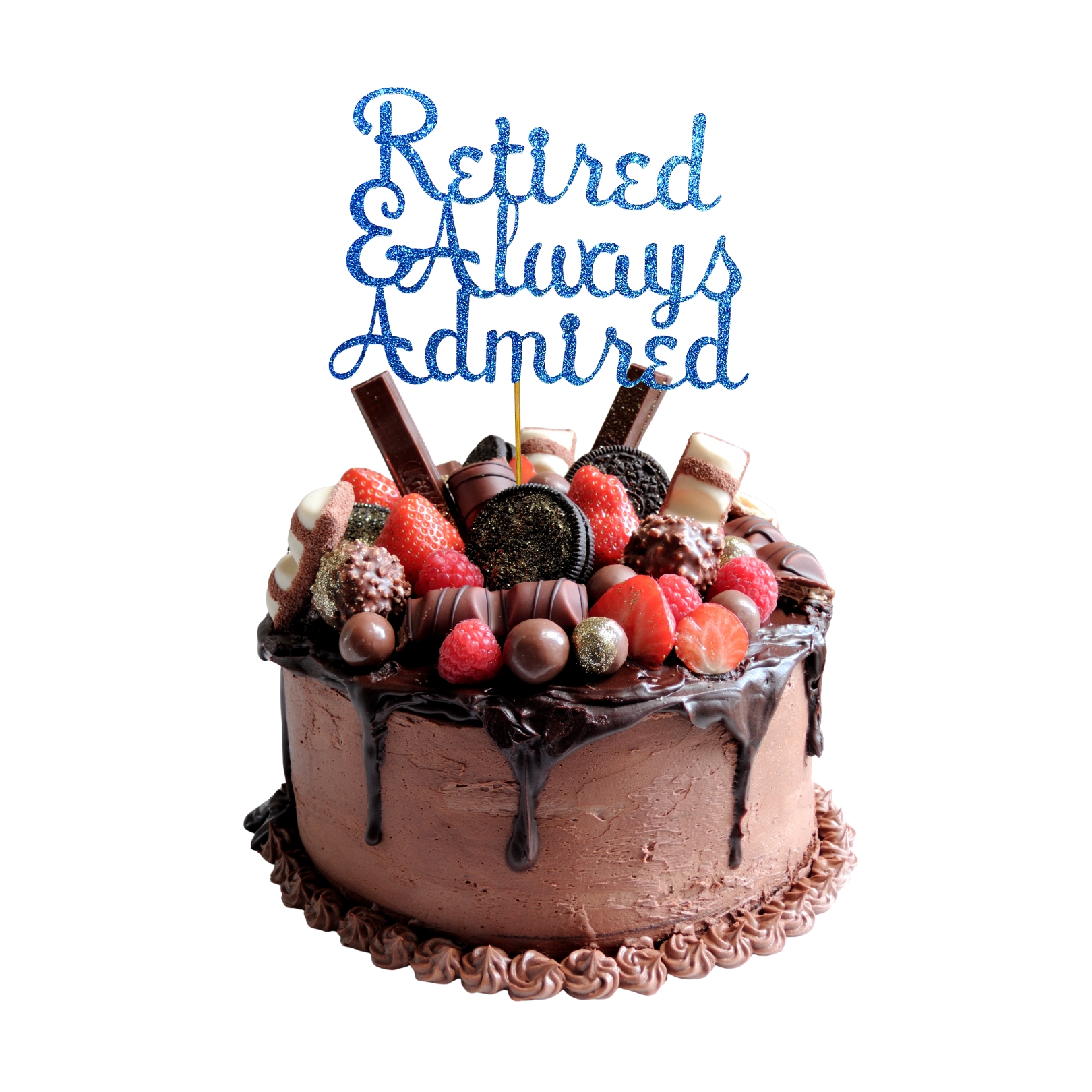 Retired and Always Admired Glitter Cake Topper – Retirement Party Decoration – Custom Color