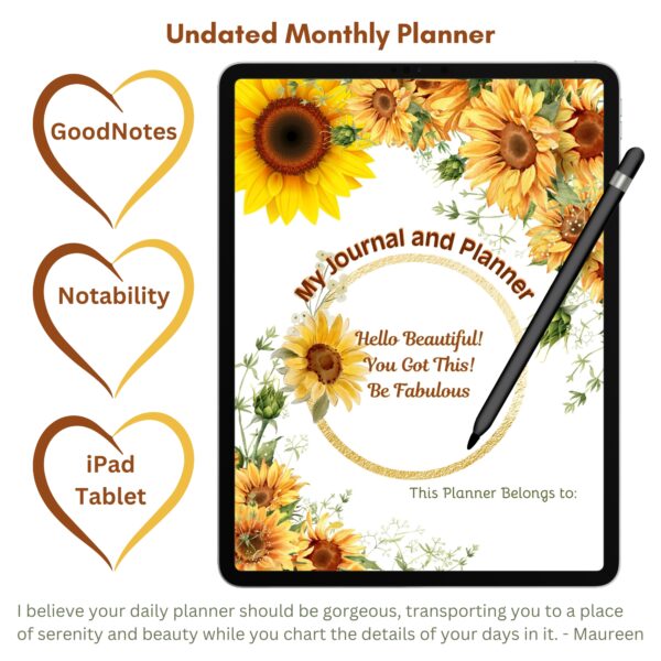 Sunflowers Digital Planner — iPad & Tablet | GoodNotes + Notability | Undated 80-Page Hyperlinked PDF