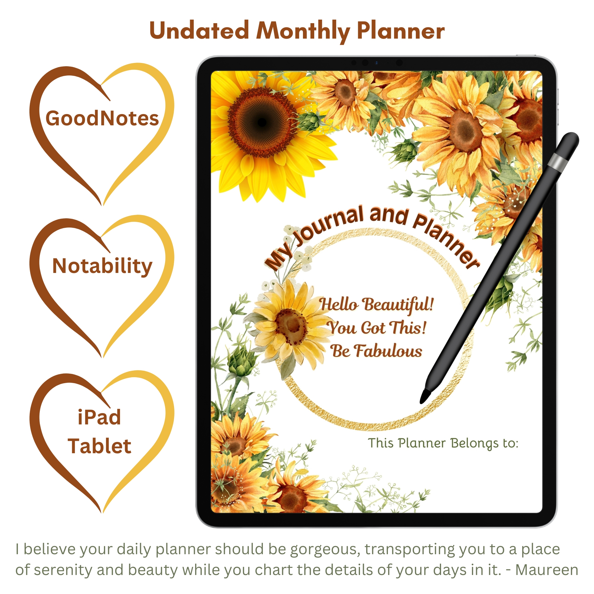 Sunflowers Digital Planner — iPad & Tablet | GoodNotes + Notability | Undated 80-Page Hyperlinked PDF