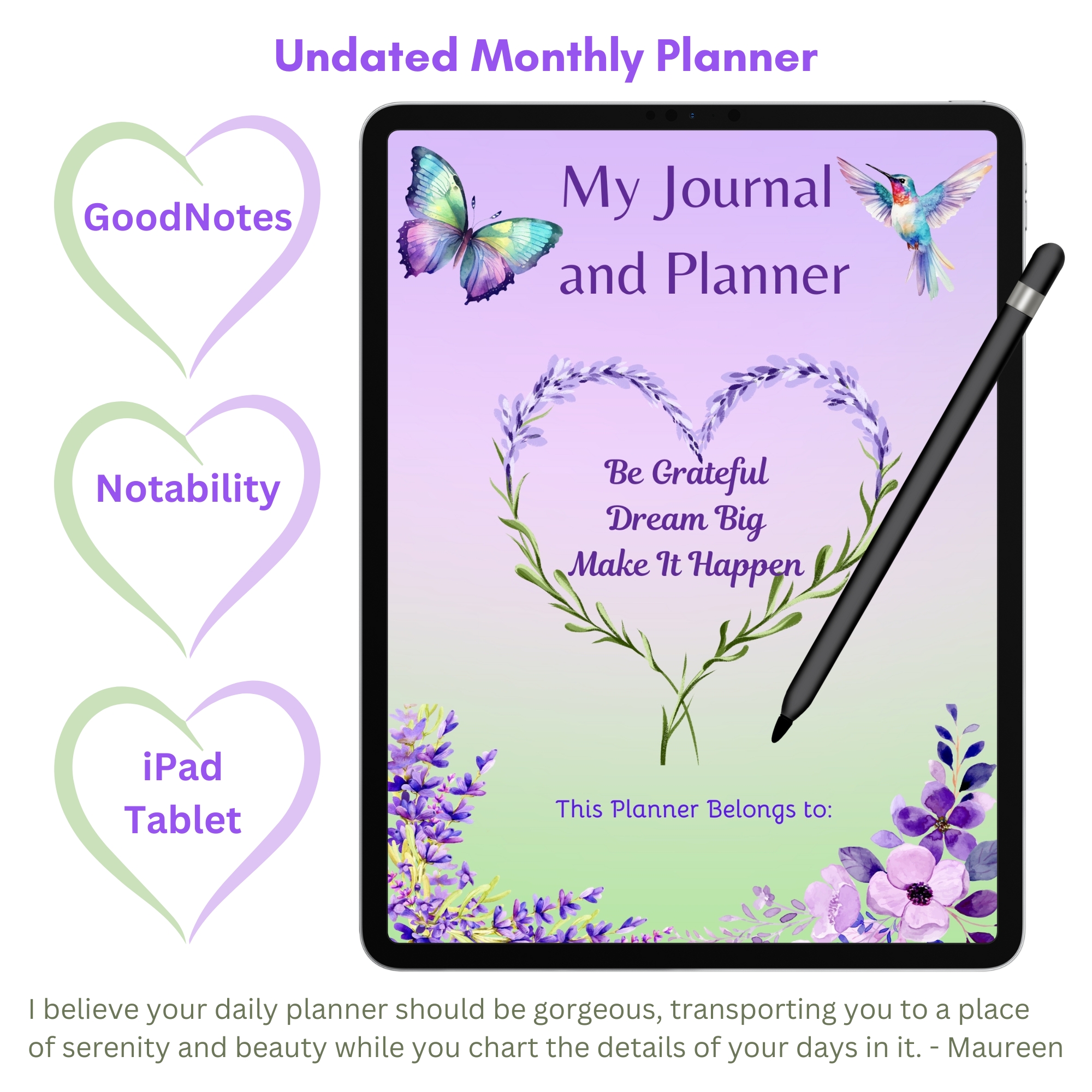 Lavender Digital Planner — iPad & Tablet | GoodNotes + Notability | Undated 80-Page Hyperlinked PDF