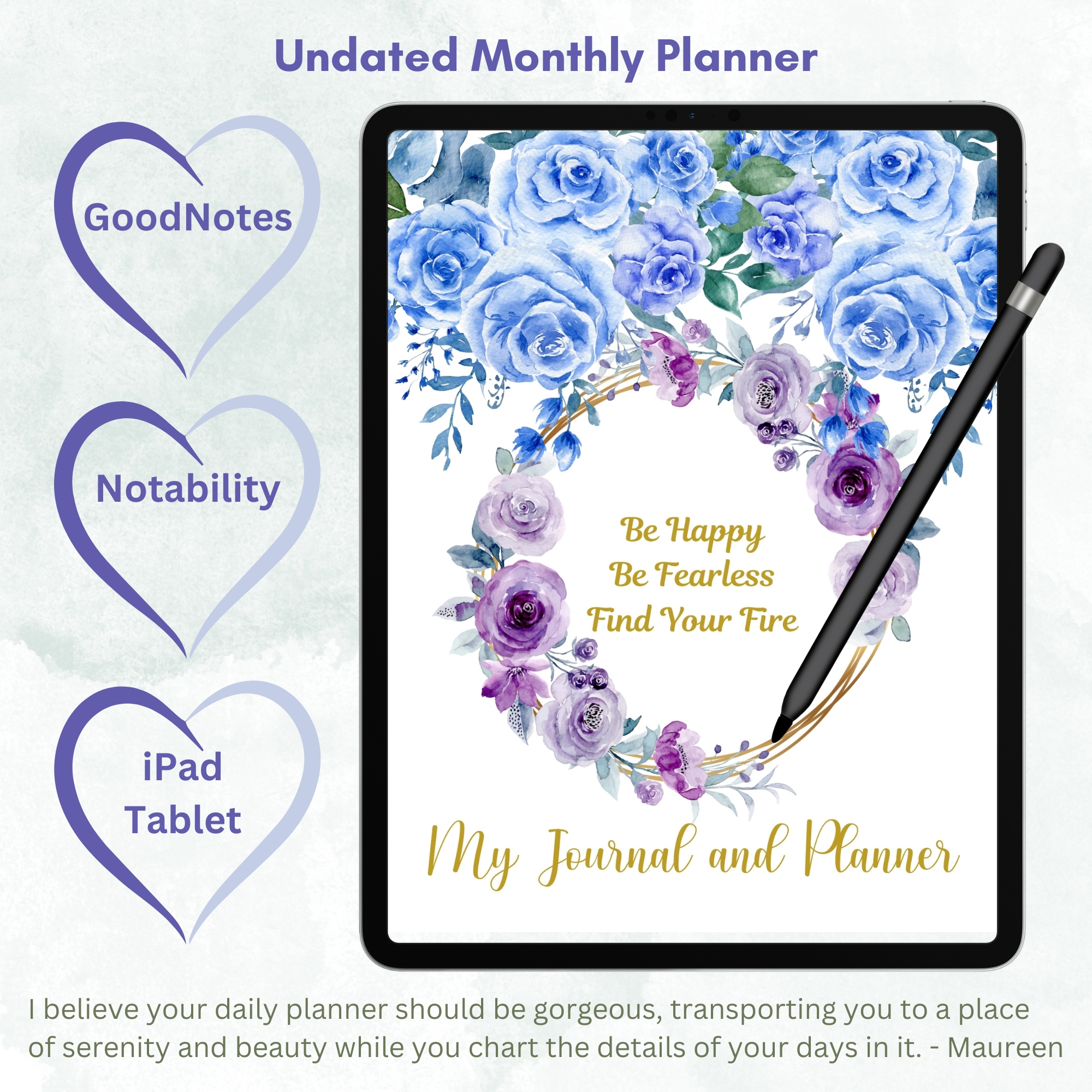 Blue Roses Digital Planner — iPad & Tablet | GoodNotes + Notability | Undated 80-Page Hyperlinked PDF