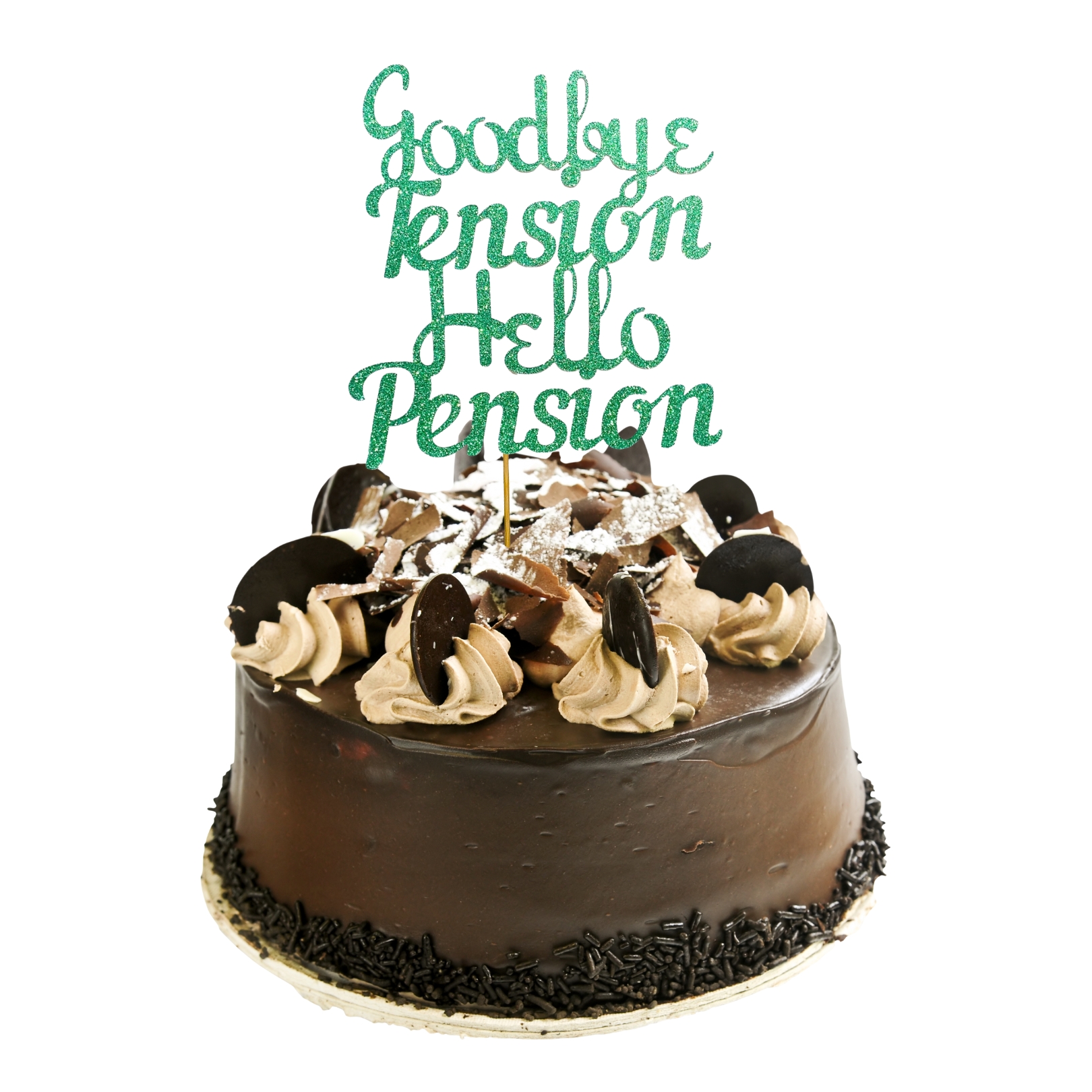 Goodbye Tension Hello Pension Glitter Cake Topper – Retirement Party Decoration – Custom Color