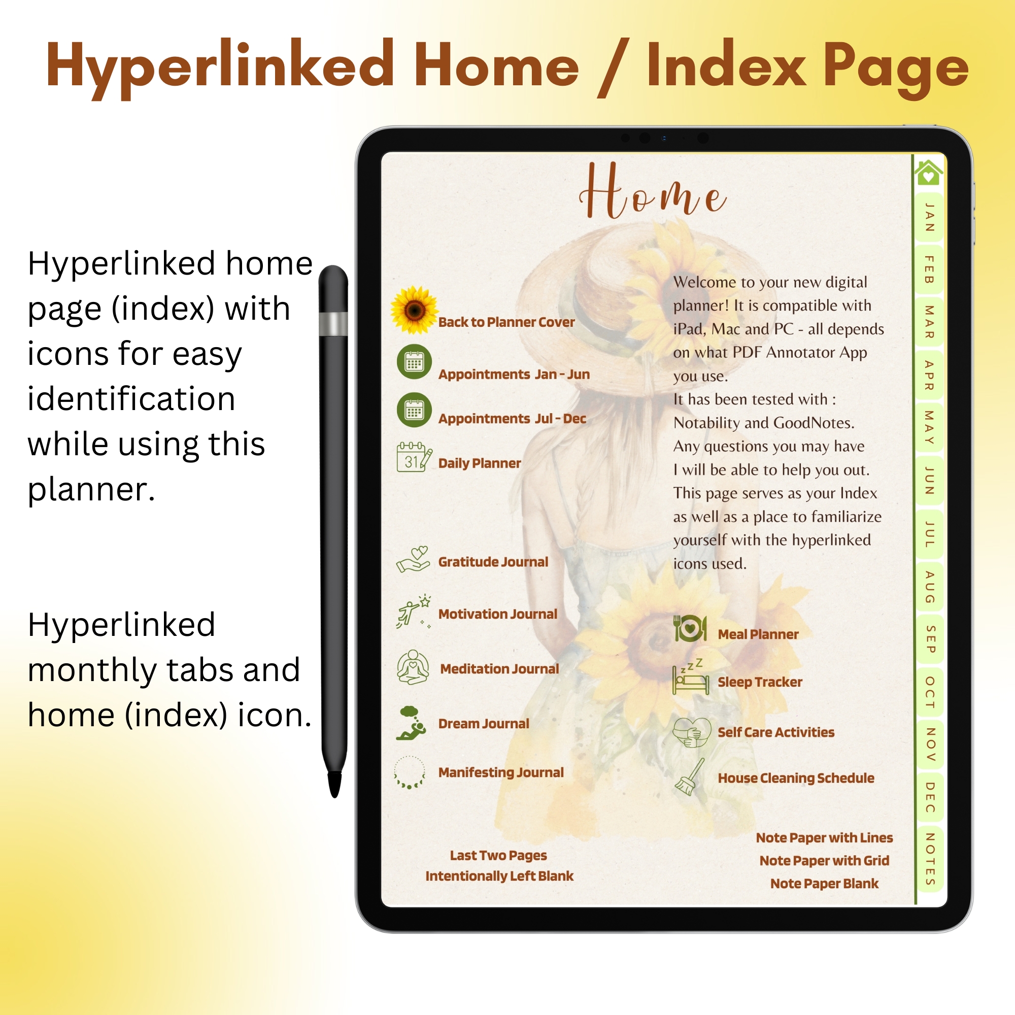 Sunflowers Digital Planner — iPad & Tablet | GoodNotes + Notability | Undated 80-Page Hyperlinked PDF