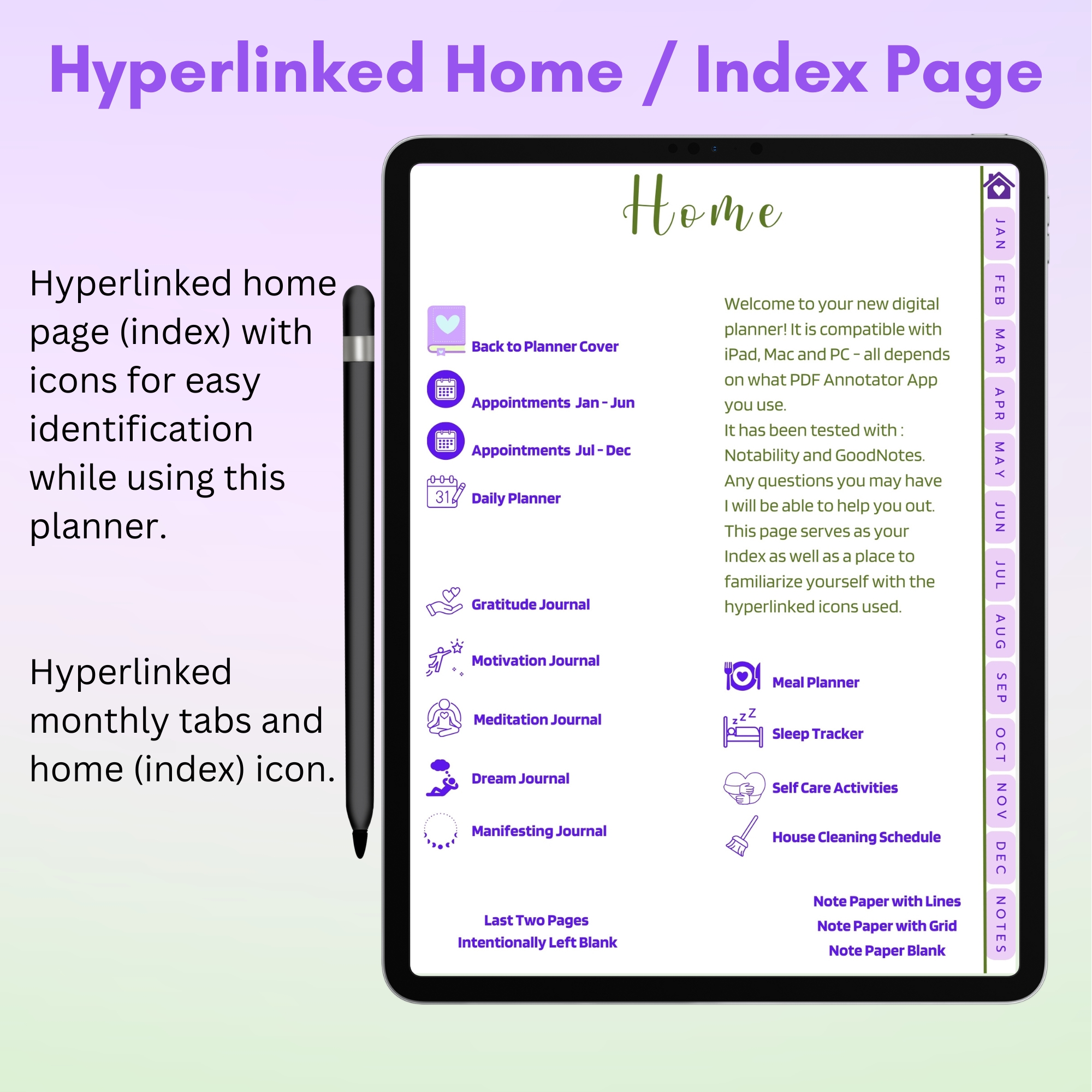 Lavender Digital Planner — iPad & Tablet | GoodNotes + Notability | Undated 80-Page Hyperlinked PDF