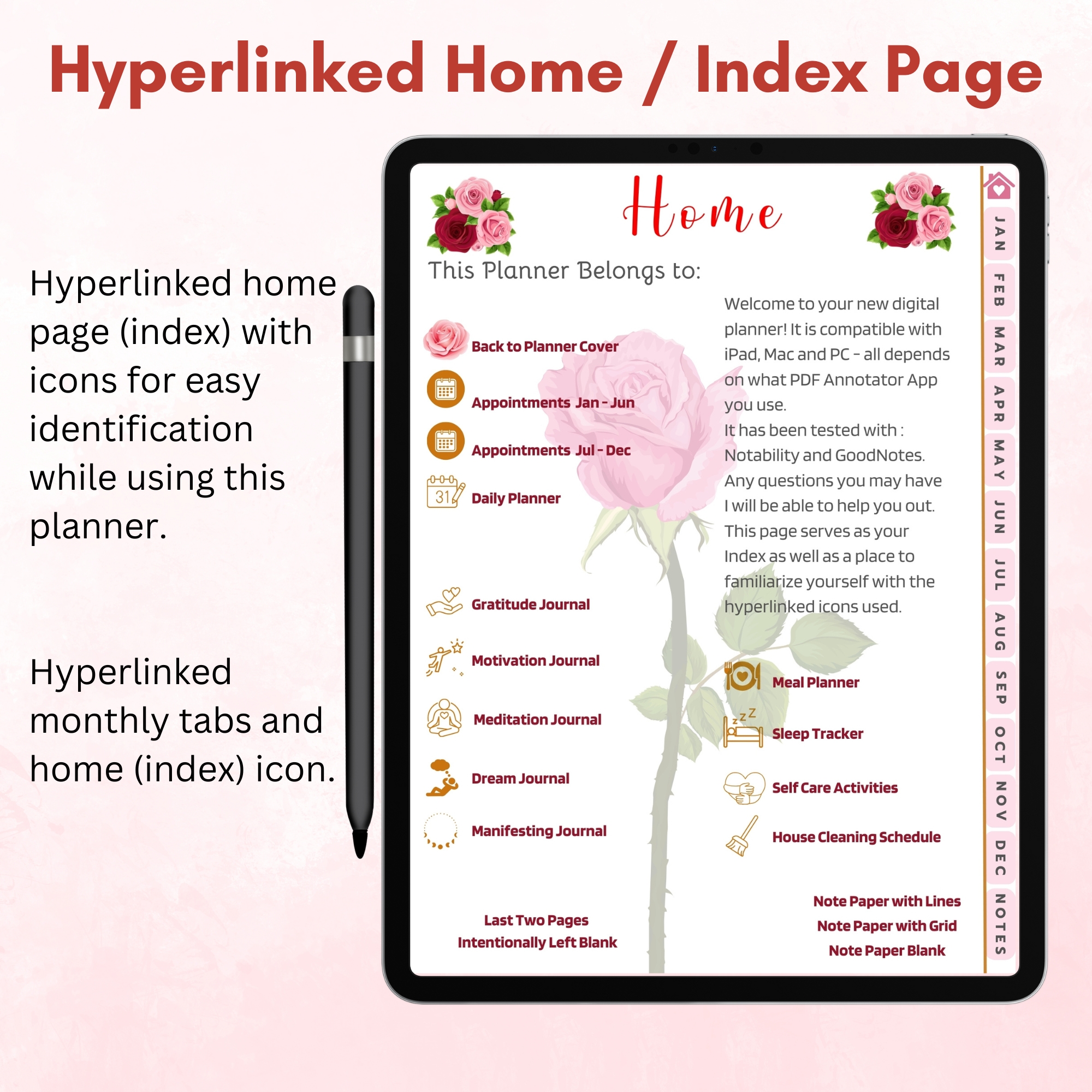 Pink Roses Digital Planner — iPad & Tablet | GoodNotes + Notability | Undated 80-Page Hyperlinked PDF