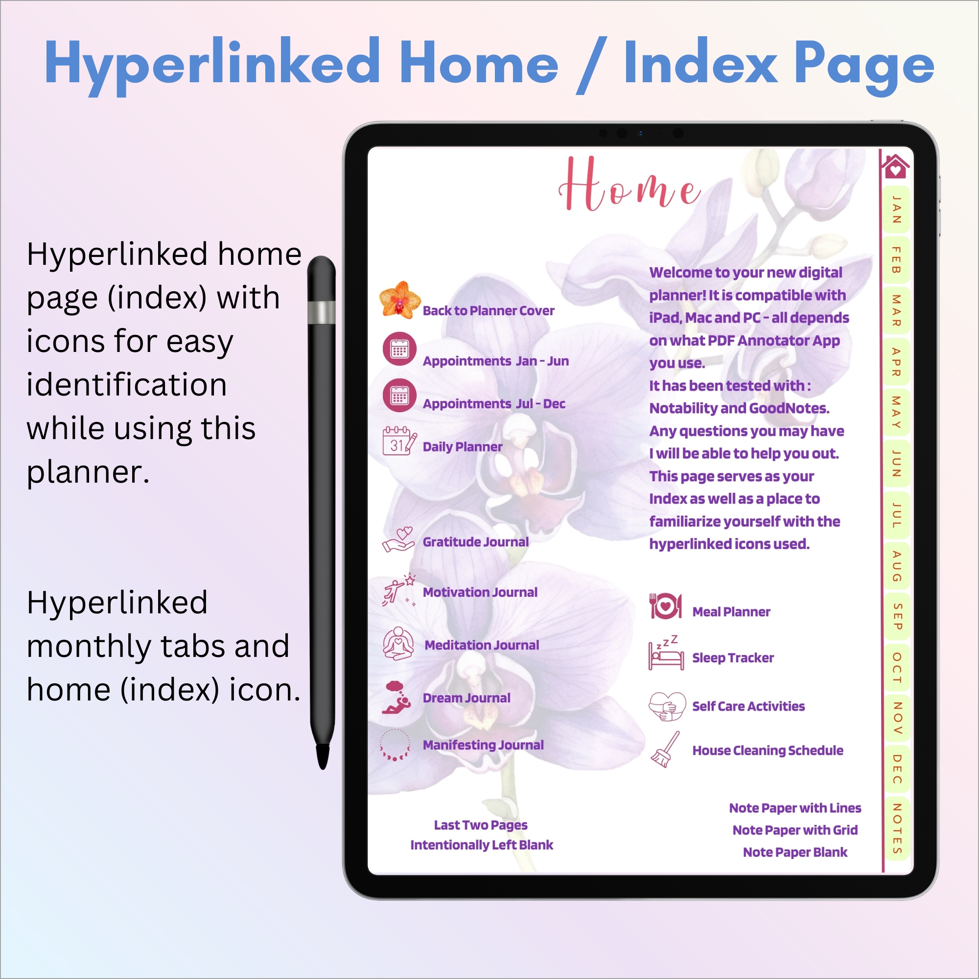 Tropical Orchids Digital Planner | iPad, Tablet | GoodNotes & Notability | Undated 80-Page Hyperlinked PDF