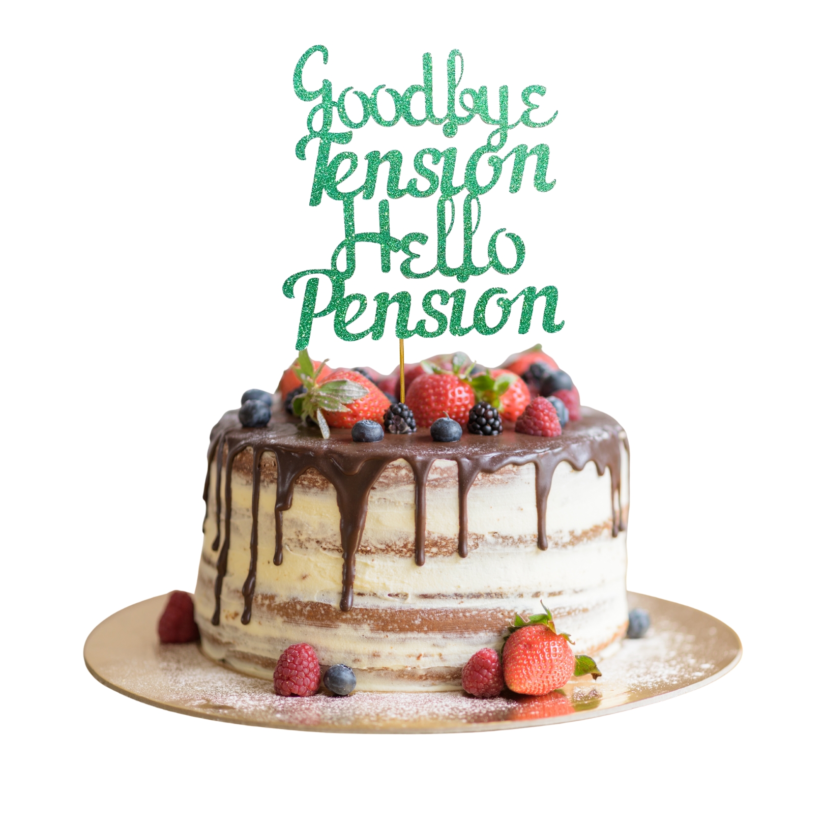Goodbye Tension Hello Pension Glitter Cake Topper – Retirement Party Decoration – Custom Color