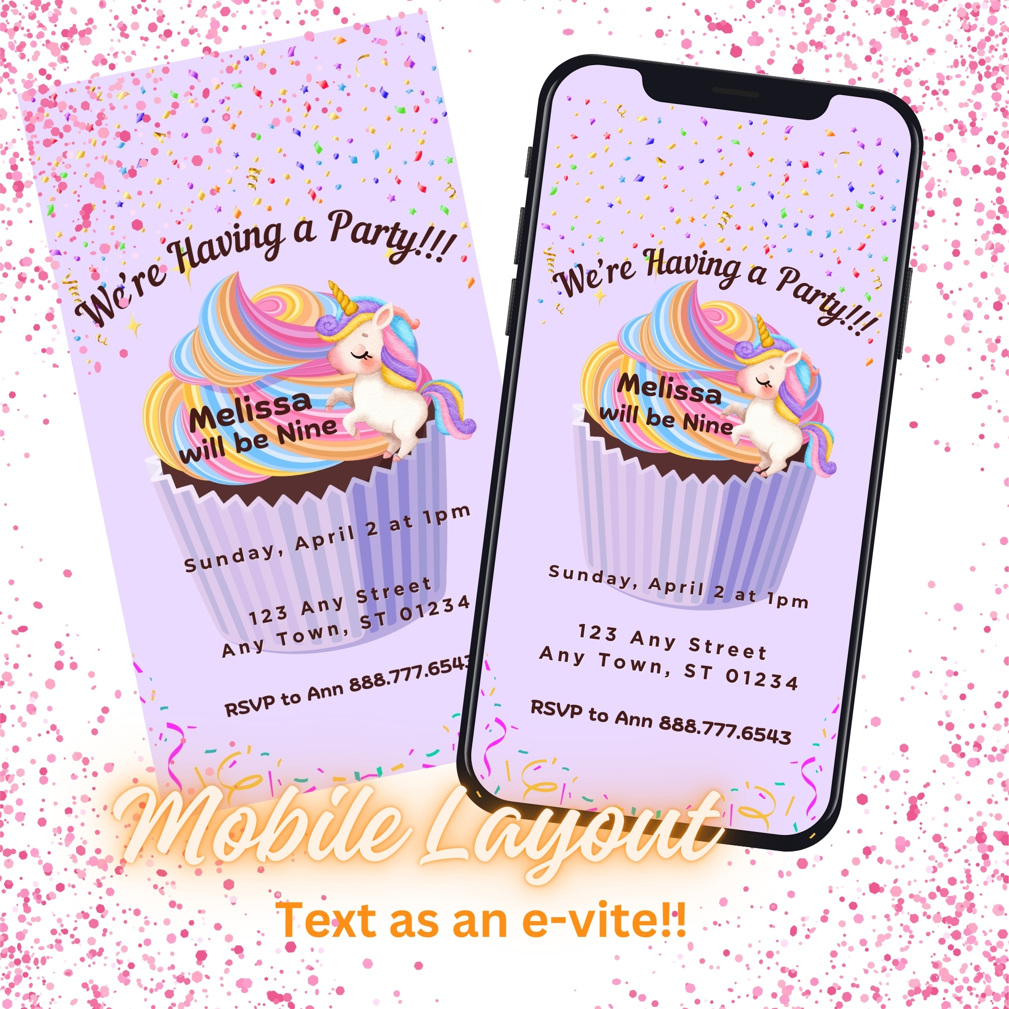 Kids Unicorn Cupcake Birthday Party Invitation Bundle Digital Printable