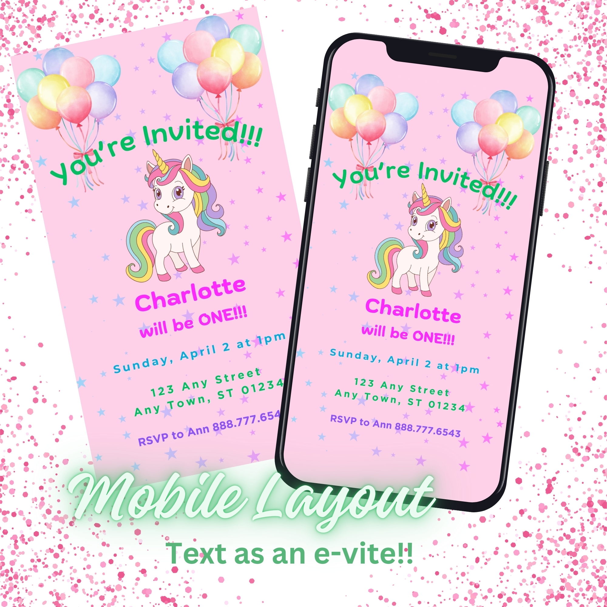 Kids Unicorn Rainbow Birthday Party Invitation Bundle Digital Printable