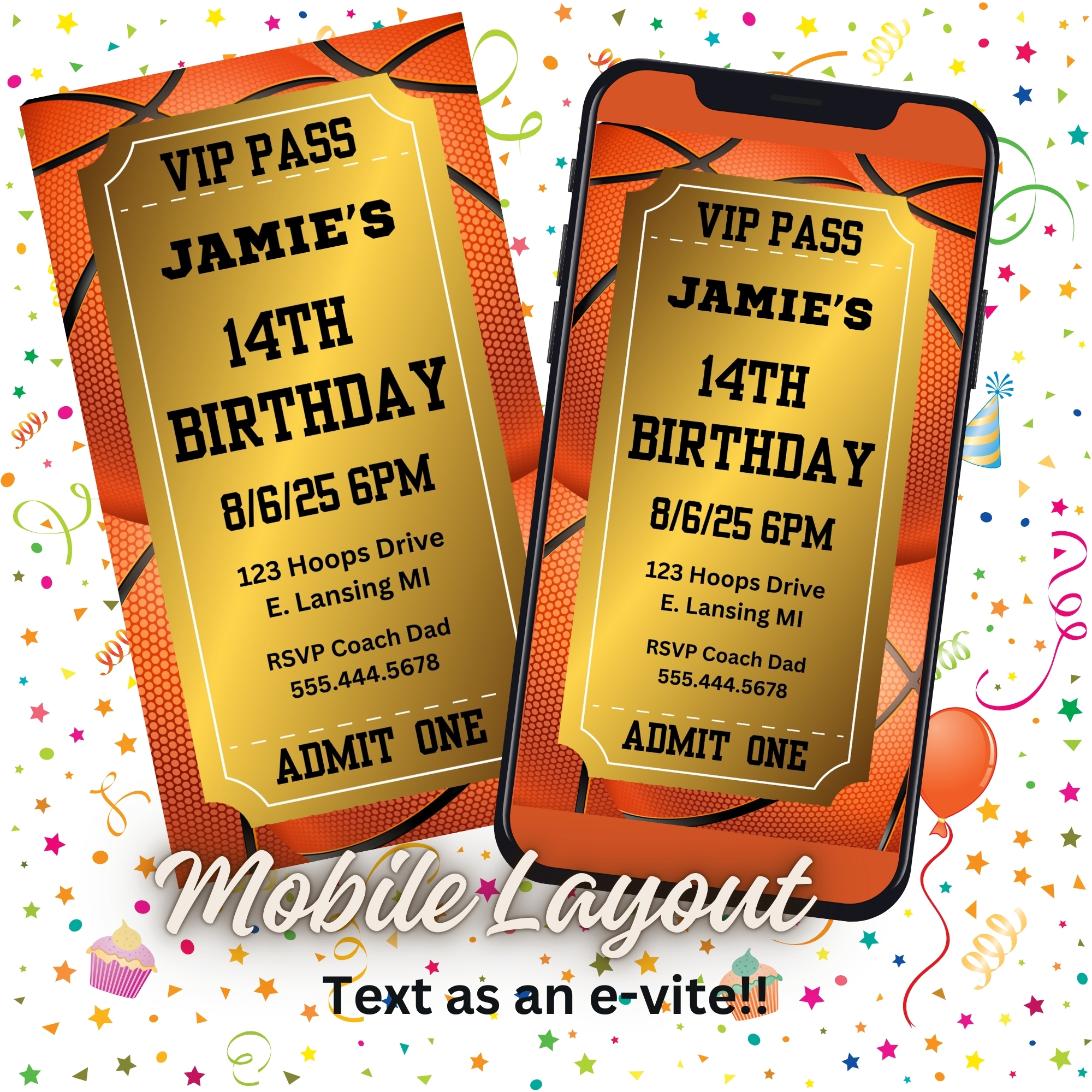 Kids Basketball Birthday Party Invitation Bundle – VIP Pass Theme – Digital Printable