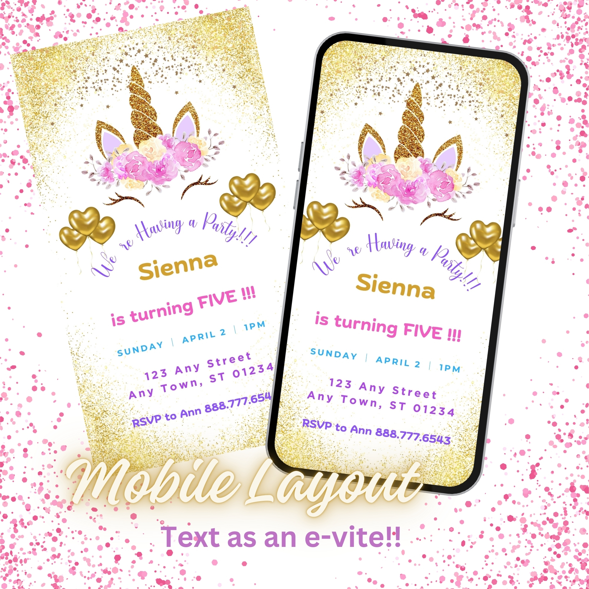 • Kids Unicorn Gold Glitter Birthday Invitation Bundle