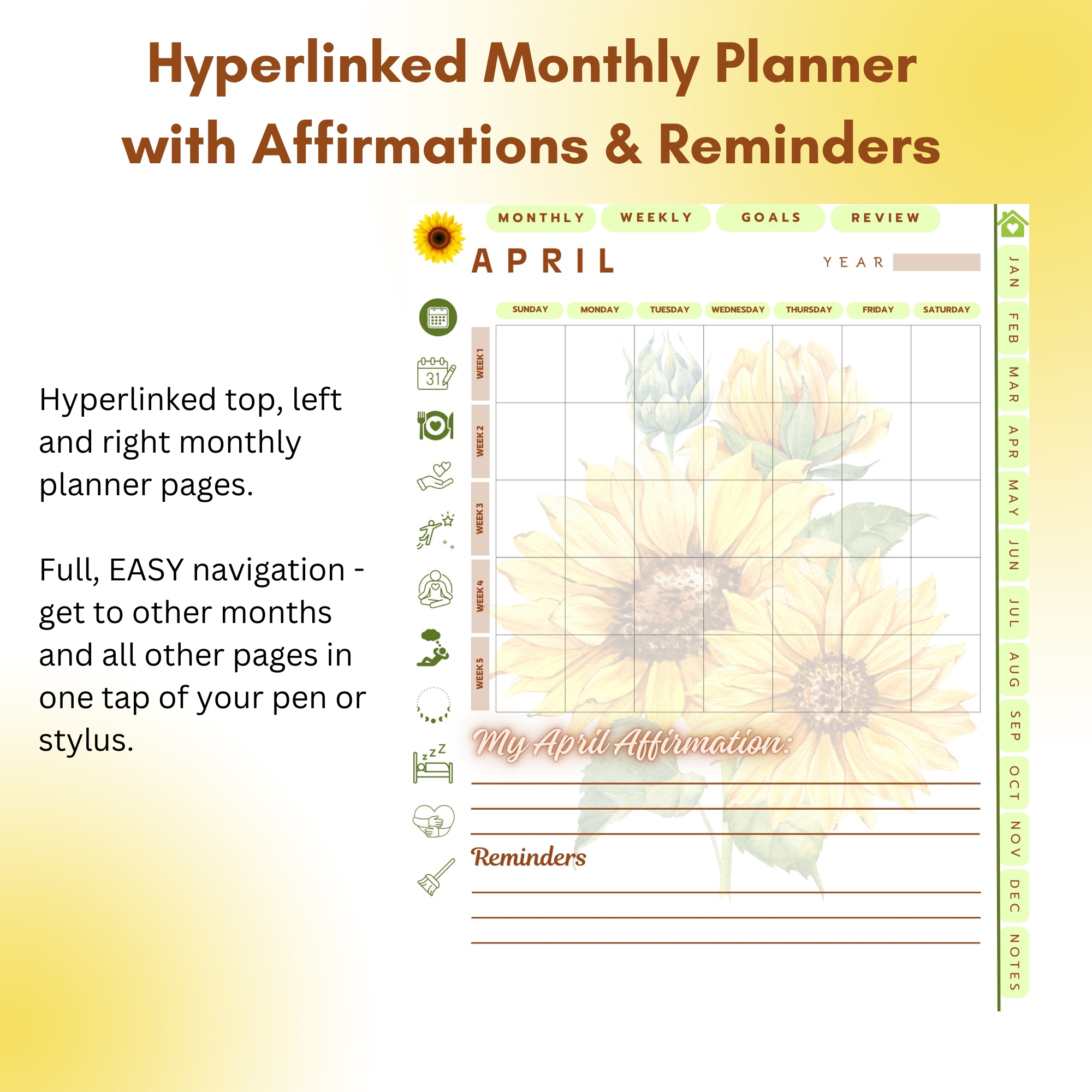 Sunflowers Digital Planner — iPad & Tablet | GoodNotes + Notability | Undated 80-Page Hyperlinked PDF