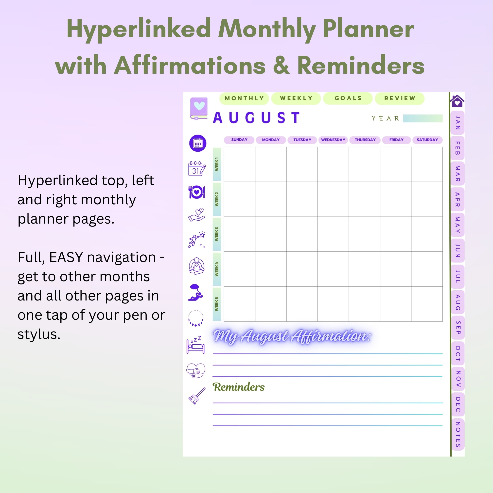 Lavender Digital Planner — iPad & Tablet | GoodNotes + Notability | Undated 80-Page Hyperlinked PDF