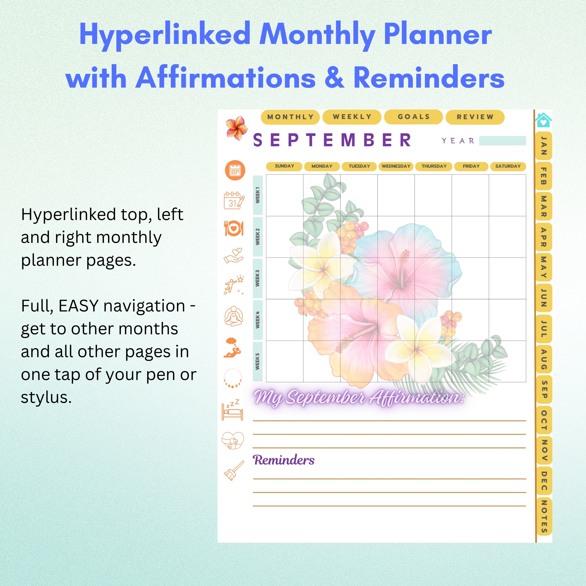 Tropical Flowers Digital Planner — iPad & Tablet | GoodNotes + Notability | Undated 80-Page Hyperlinked PDF