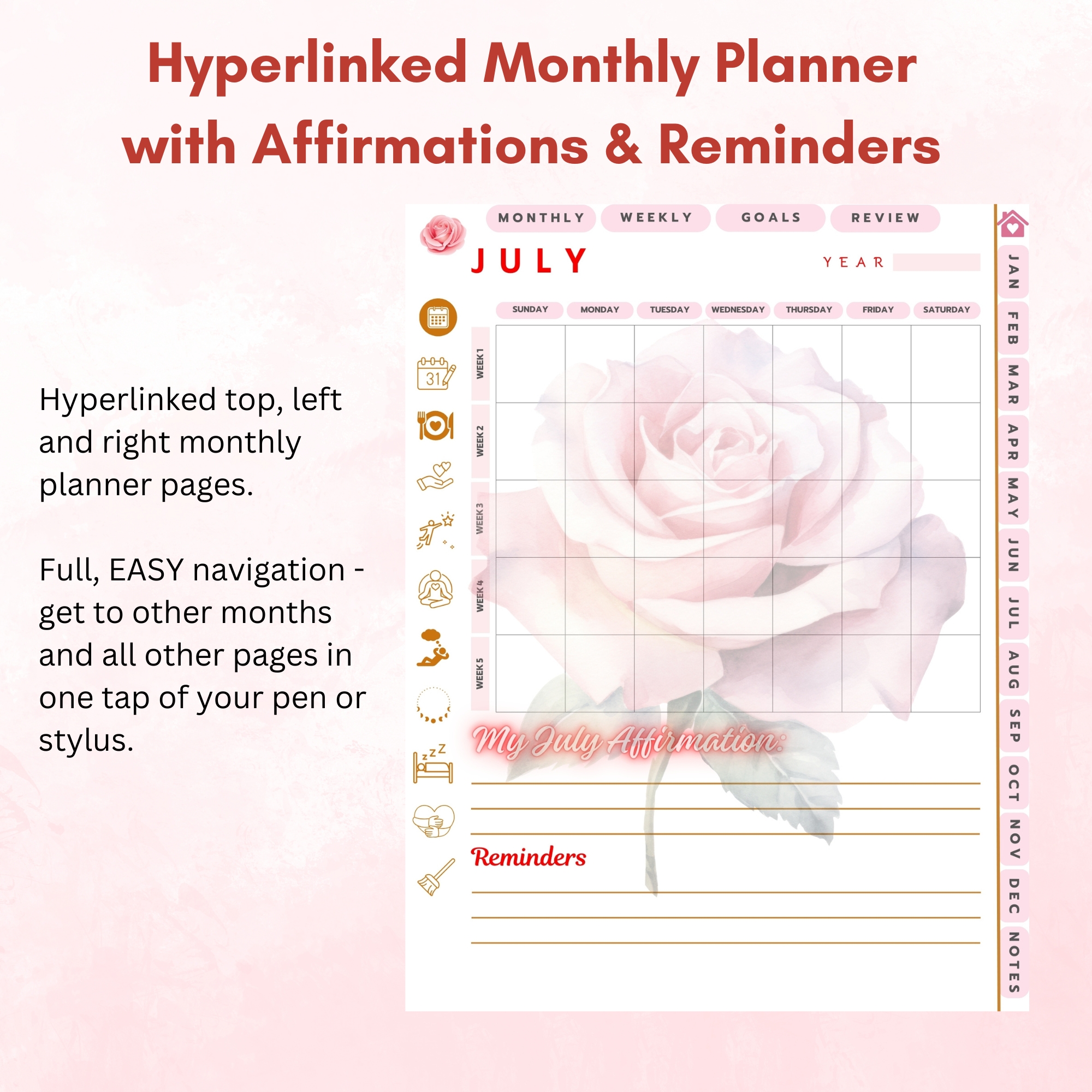 Pink Roses Digital Planner — iPad & Tablet | GoodNotes + Notability | Undated 80-Page Hyperlinked PDF