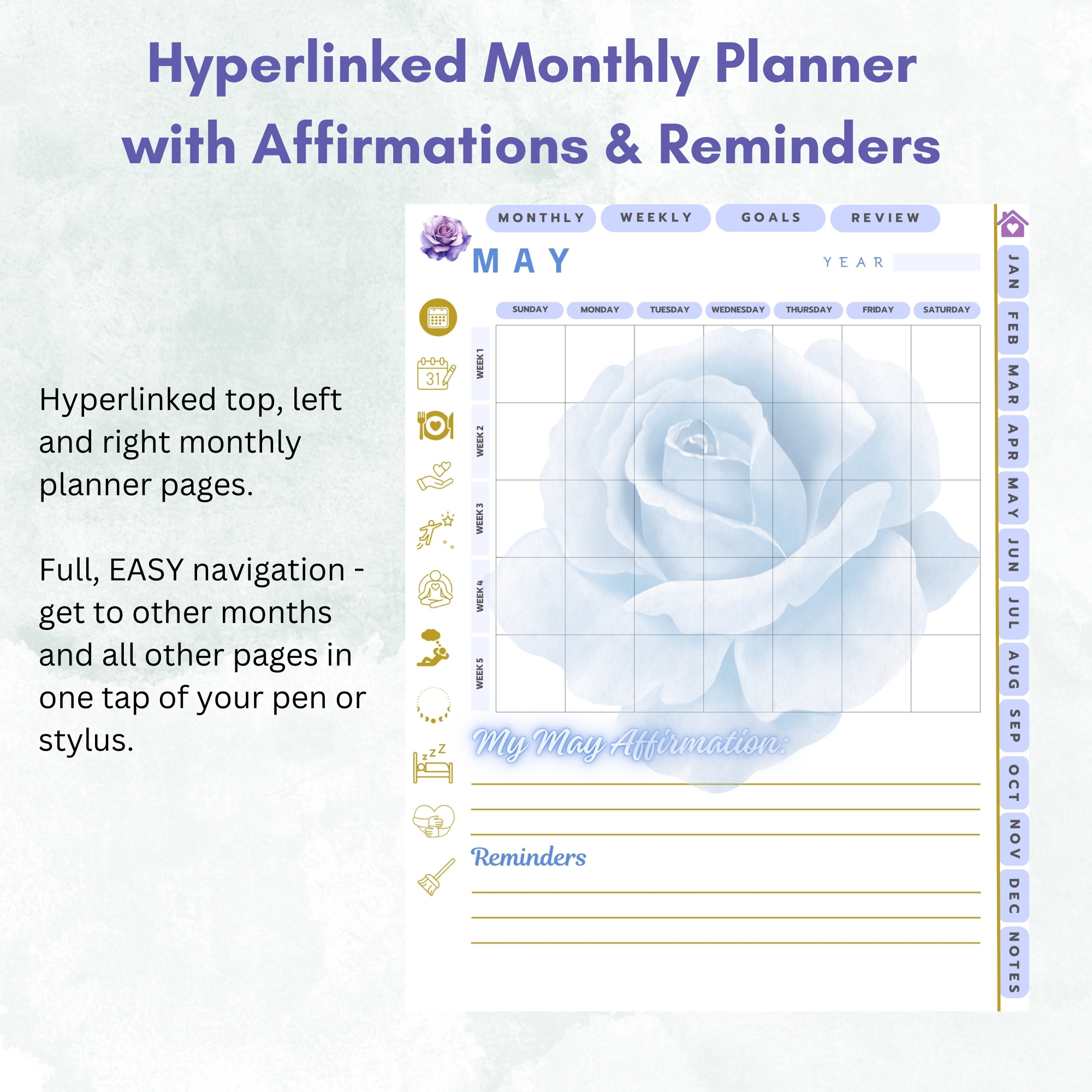 Blue Roses Digital Planner — iPad & Tablet | GoodNotes + Notability | Undated 80-Page Hyperlinked PDF