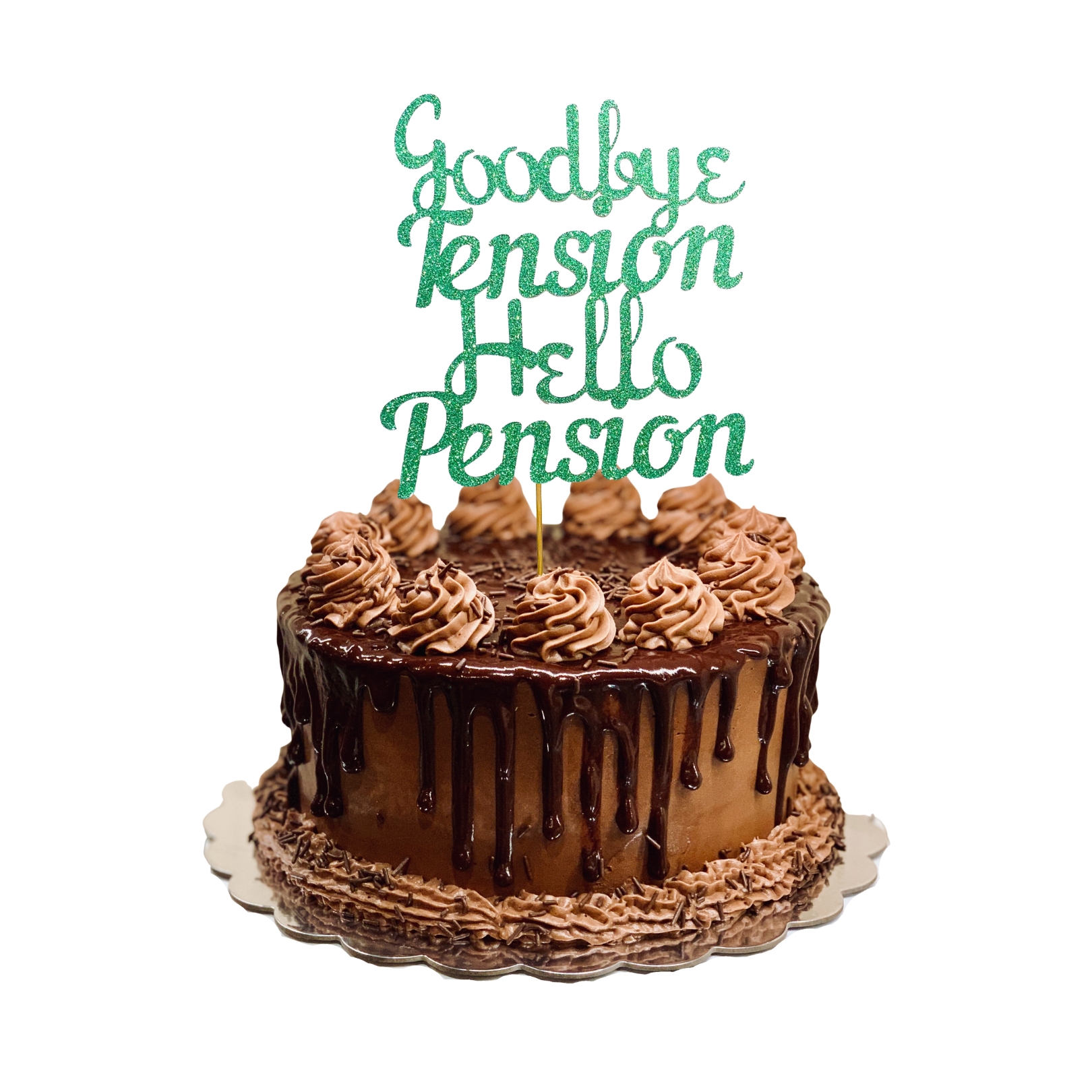 Goodbye Tension Hello Pension Glitter Cake Topper – Retirement Party Decoration – Custom Color