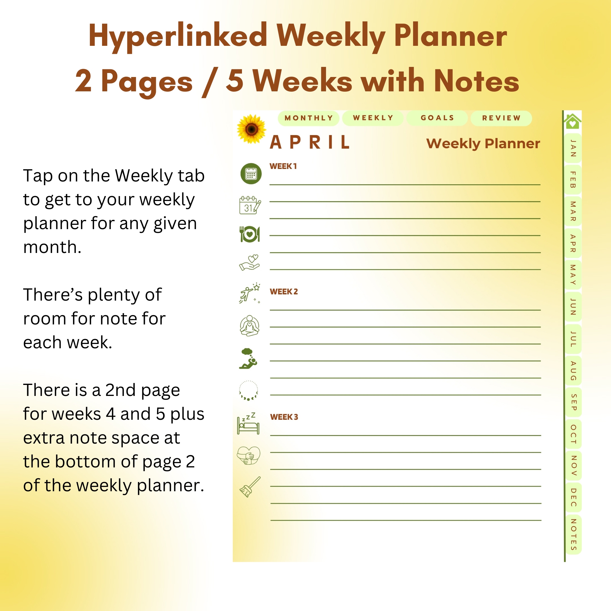 Sunflowers Digital Planner — iPad & Tablet | GoodNotes + Notability | Undated 80-Page Hyperlinked PDF