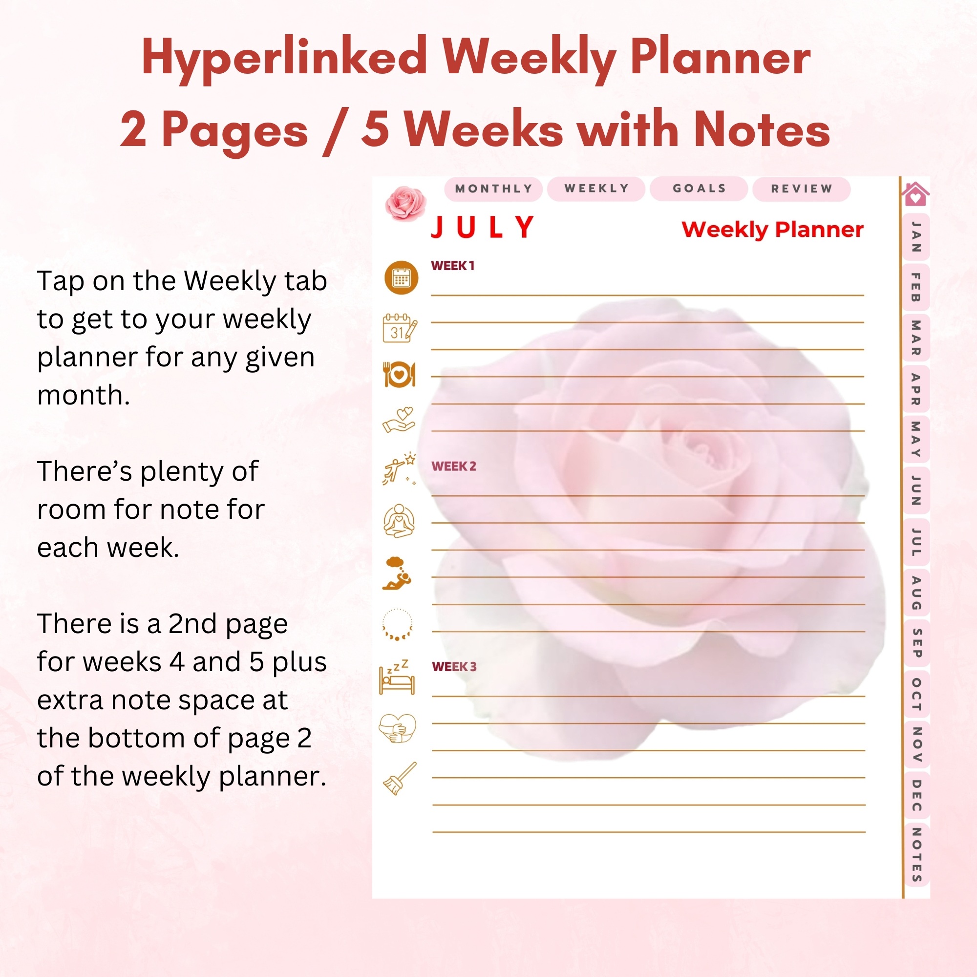 Pink Roses Digital Planner — iPad & Tablet | GoodNotes + Notability | Undated 80-Page Hyperlinked PDF