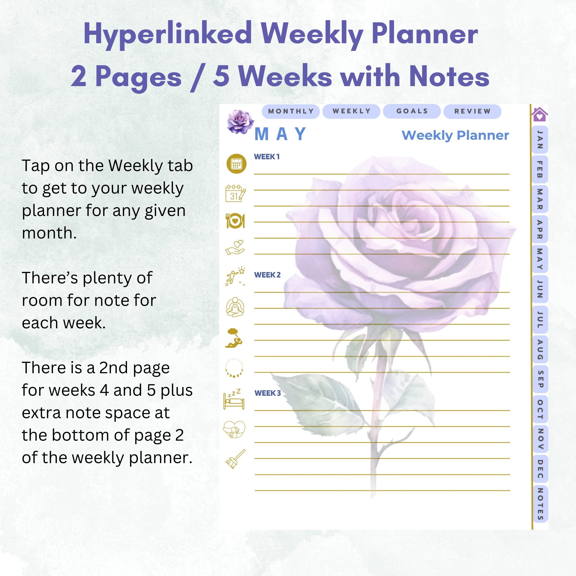 Blue Roses Digital Planner — iPad & Tablet | GoodNotes + Notability | Undated 80-Page Hyperlinked PDF