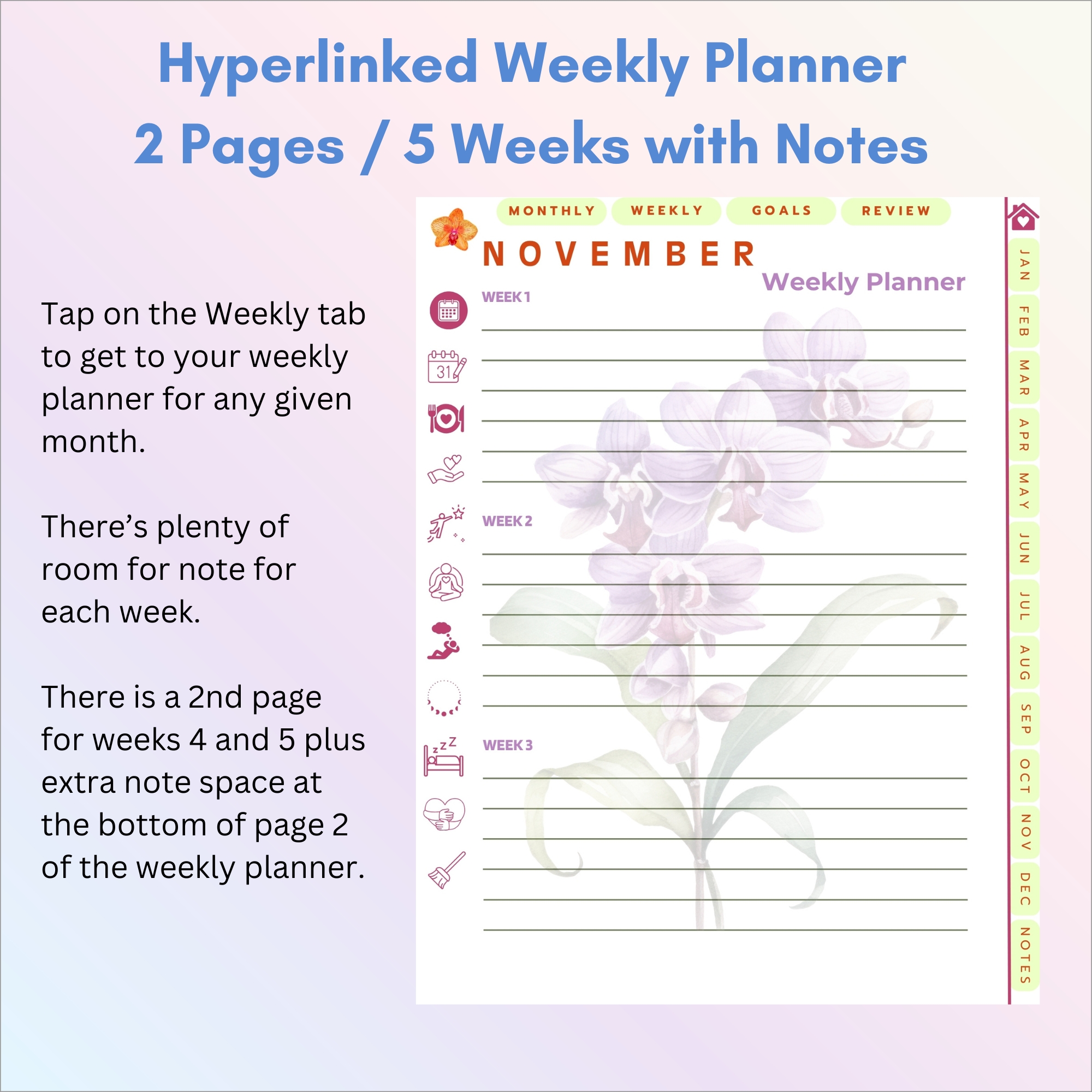 Tropical Orchids Digital Planner | iPad, Tablet | GoodNotes & Notability | Undated 80-Page Hyperlinked PDF