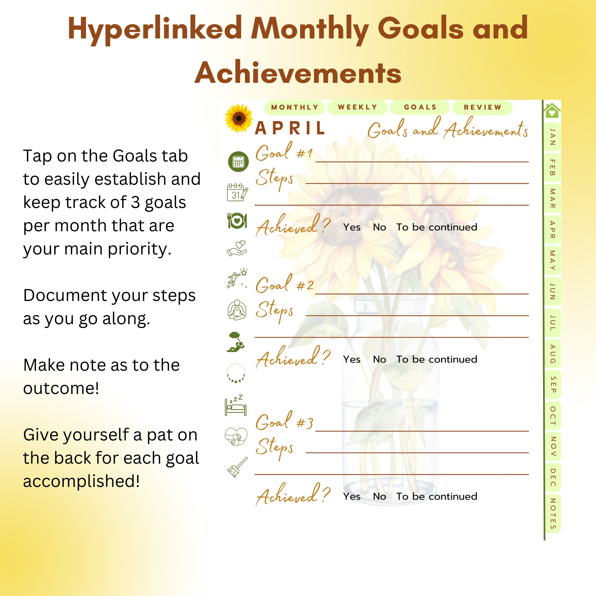 Sunflowers Digital Planner — iPad & Tablet | GoodNotes + Notability | Undated 80-Page Hyperlinked PDF