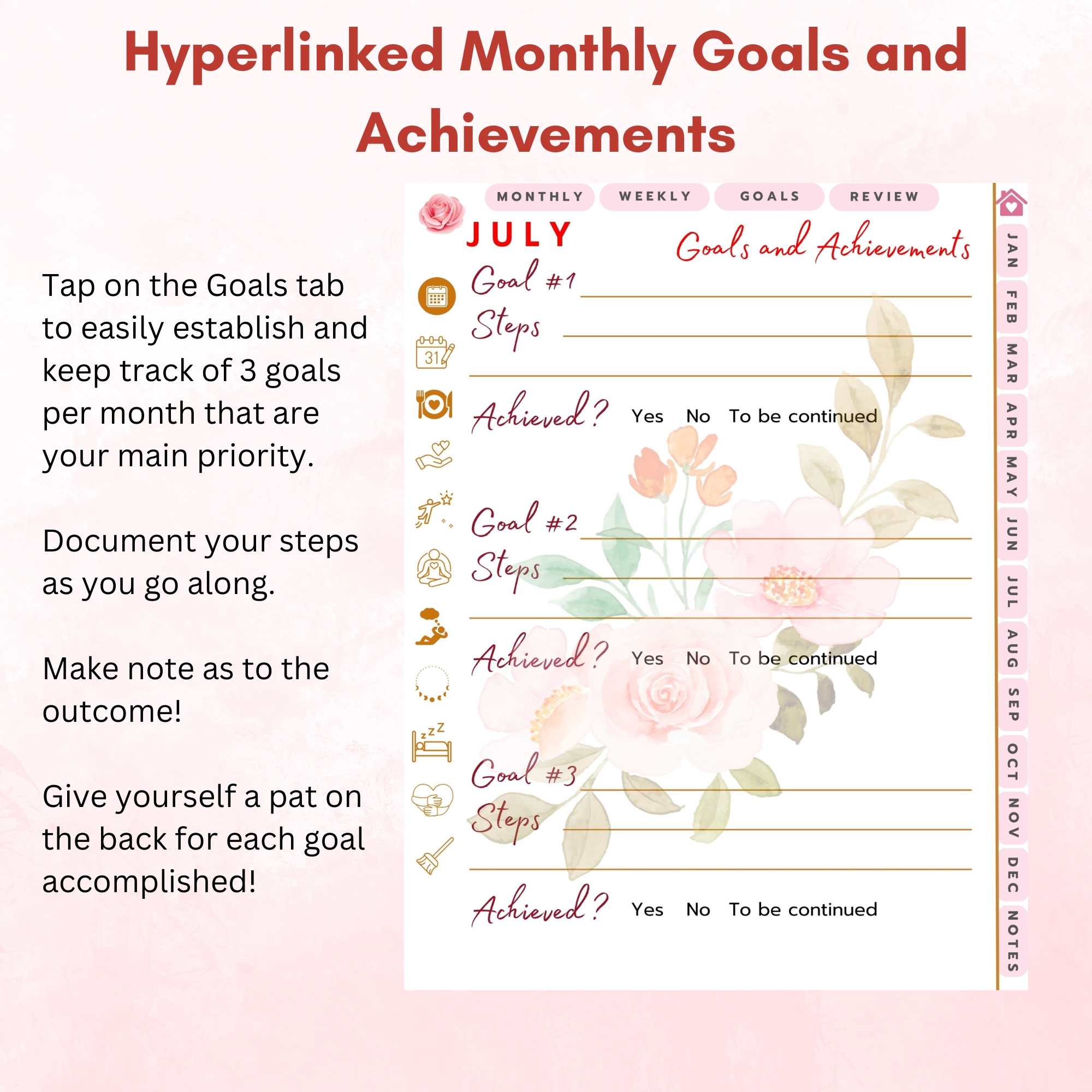 Pink Roses Digital Planner — iPad & Tablet | GoodNotes + Notability | Undated 80-Page Hyperlinked PDF