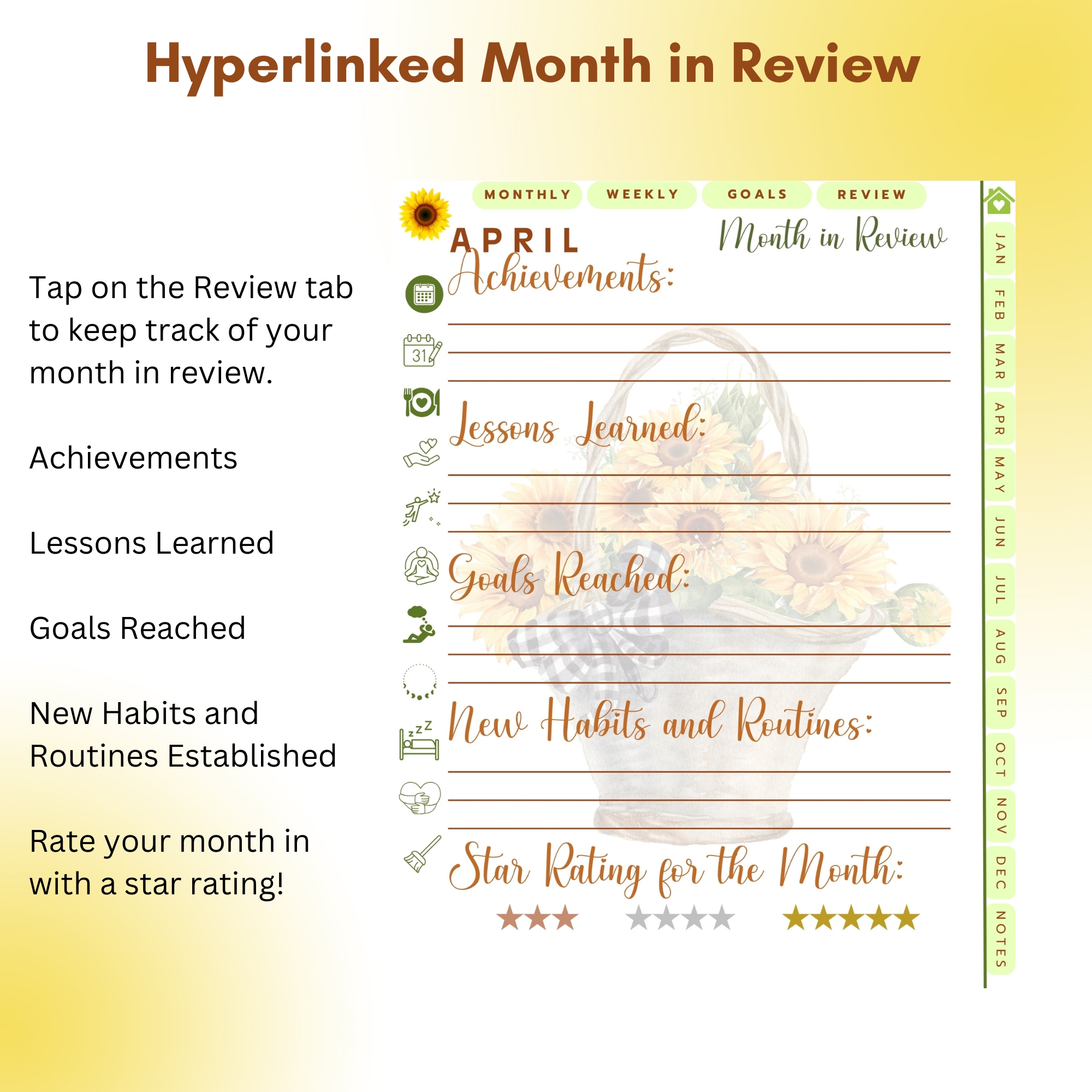 Sunflowers Digital Planner — iPad & Tablet | GoodNotes + Notability | Undated 80-Page Hyperlinked PDF