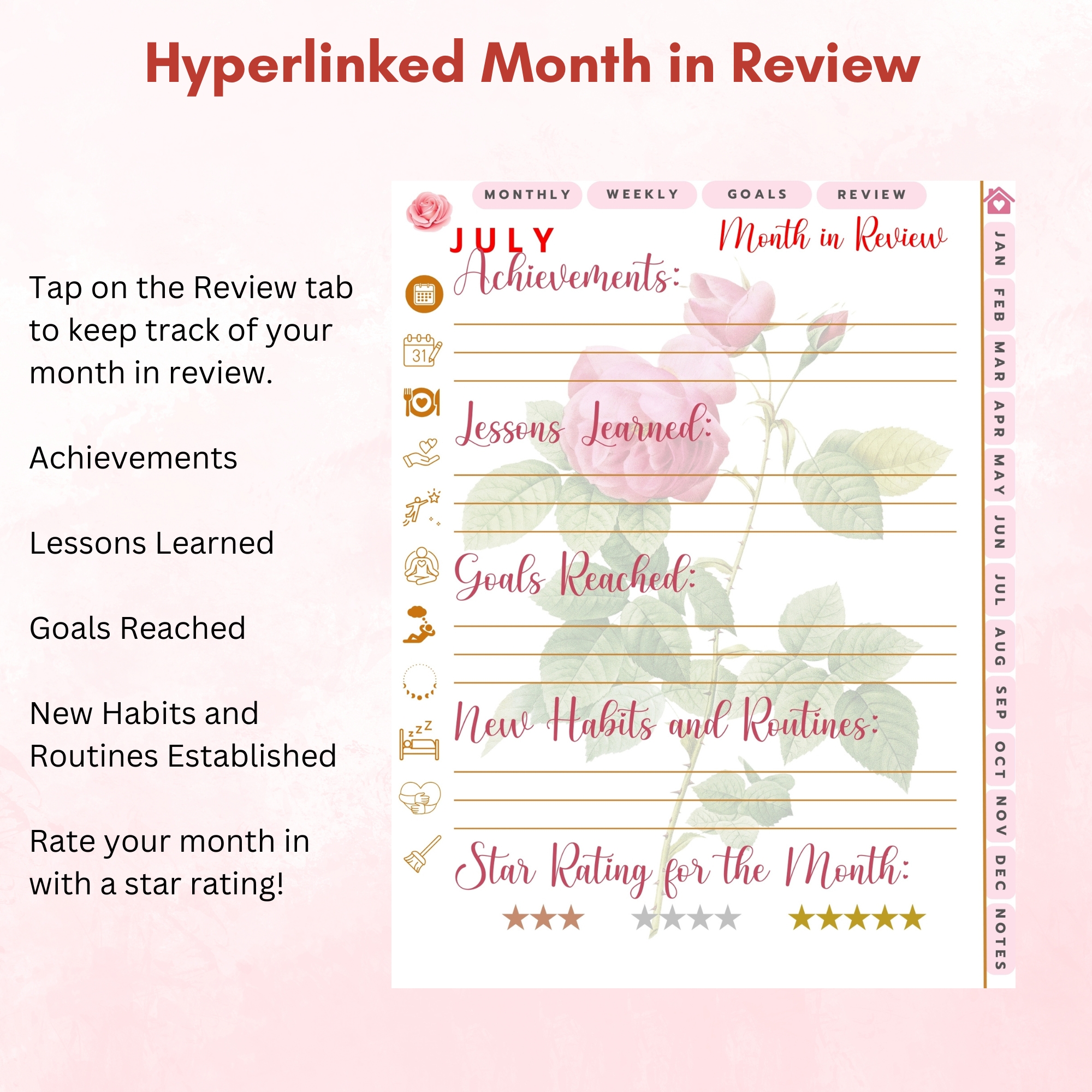 Pink Roses Digital Planner — iPad & Tablet | GoodNotes + Notability | Undated 80-Page Hyperlinked PDF