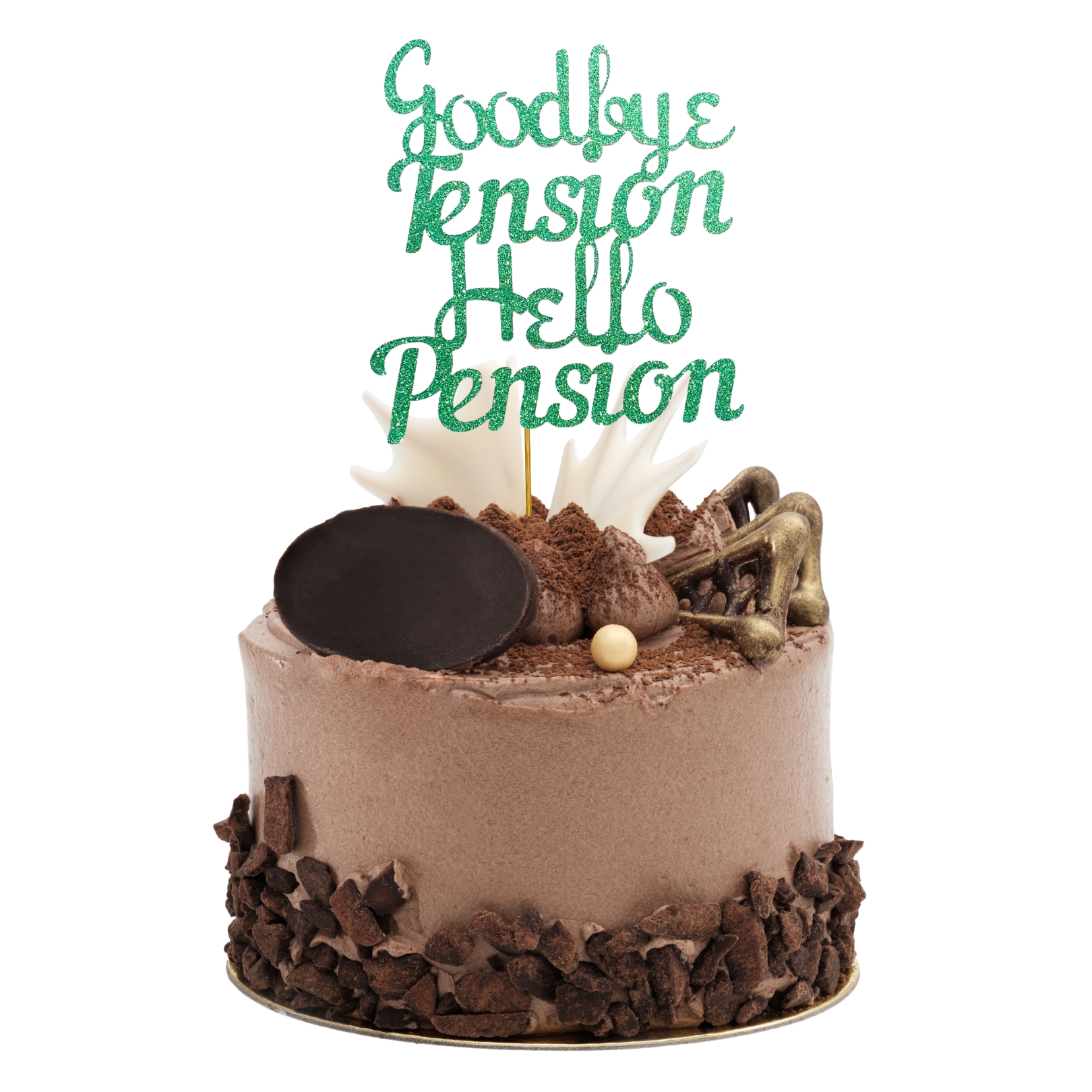 Goodbye Tension Hello Pension Glitter Cake Topper – Retirement Party Decoration – Custom Color