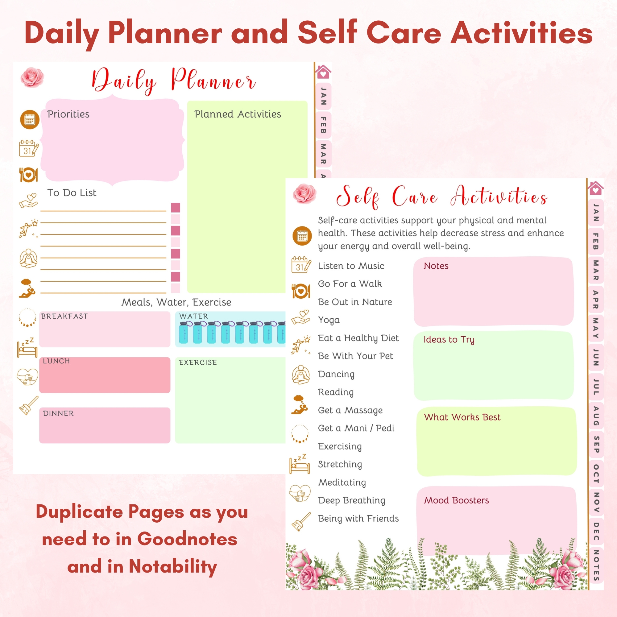 Pink Roses Digital Planner — iPad & Tablet | GoodNotes + Notability | Undated 80-Page Hyperlinked PDF