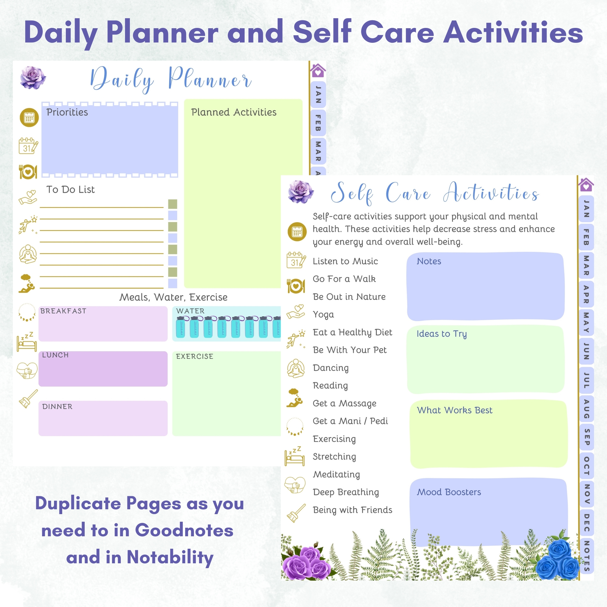 Blue Roses Digital Planner — iPad & Tablet | GoodNotes + Notability | Undated 80-Page Hyperlinked PDF