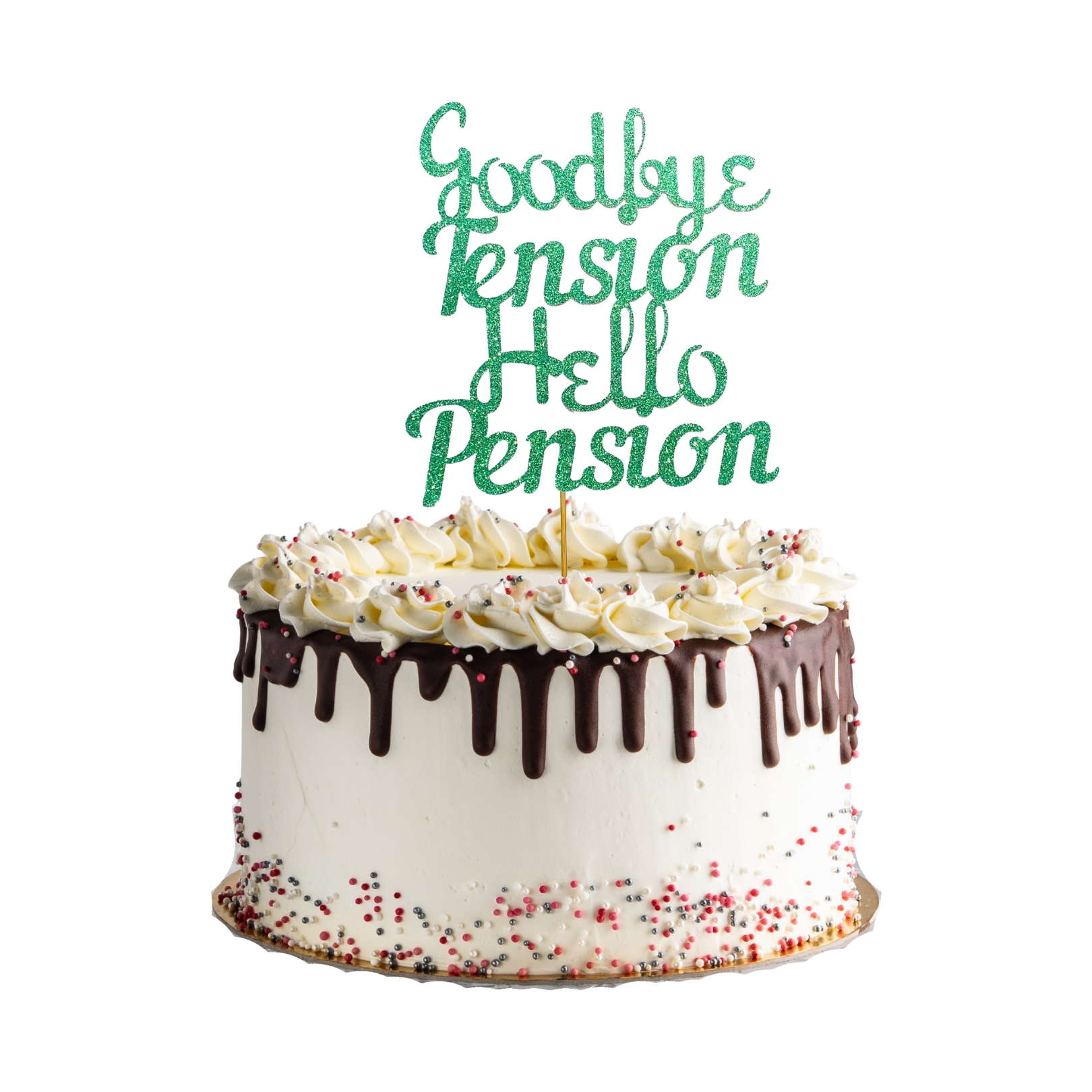 Goodbye Tension Hello Pension Glitter Cake Topper – Retirement Party Decoration – Custom Color