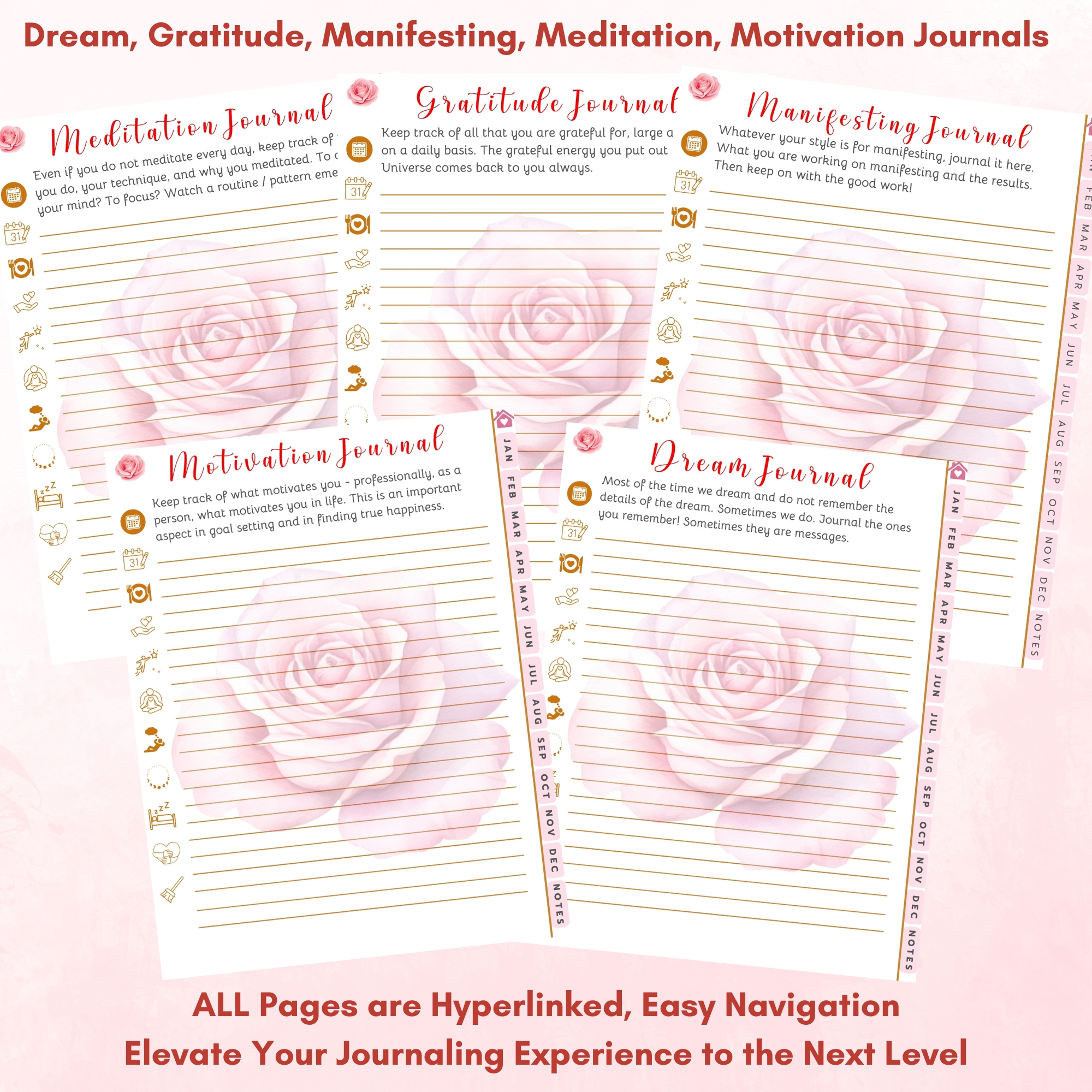 Pink Roses Digital Planner — iPad & Tablet | GoodNotes + Notability | Undated 80-Page Hyperlinked PDF