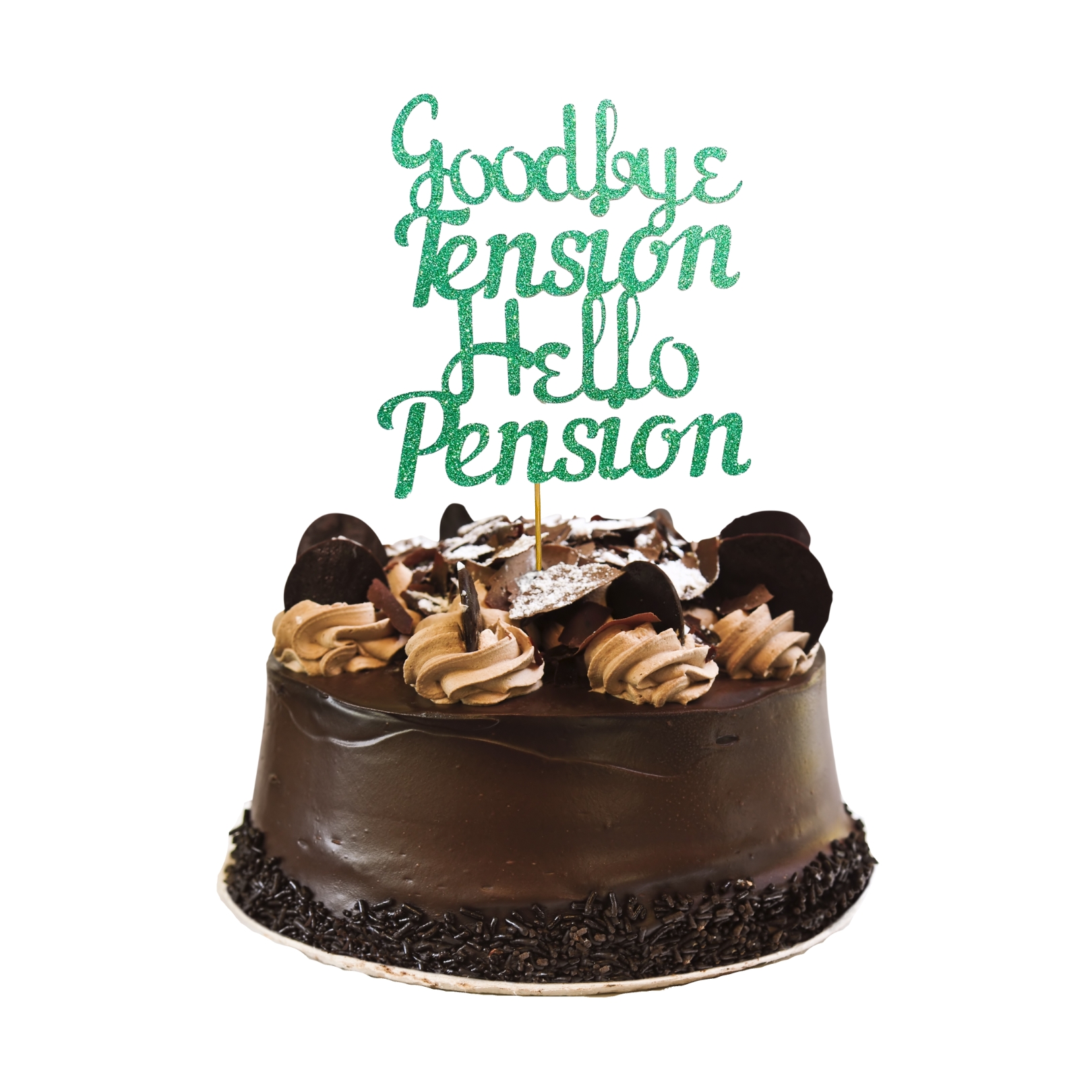 Goodbye Tension Hello Pension Glitter Cake Topper – Retirement Party Decoration – Custom Color