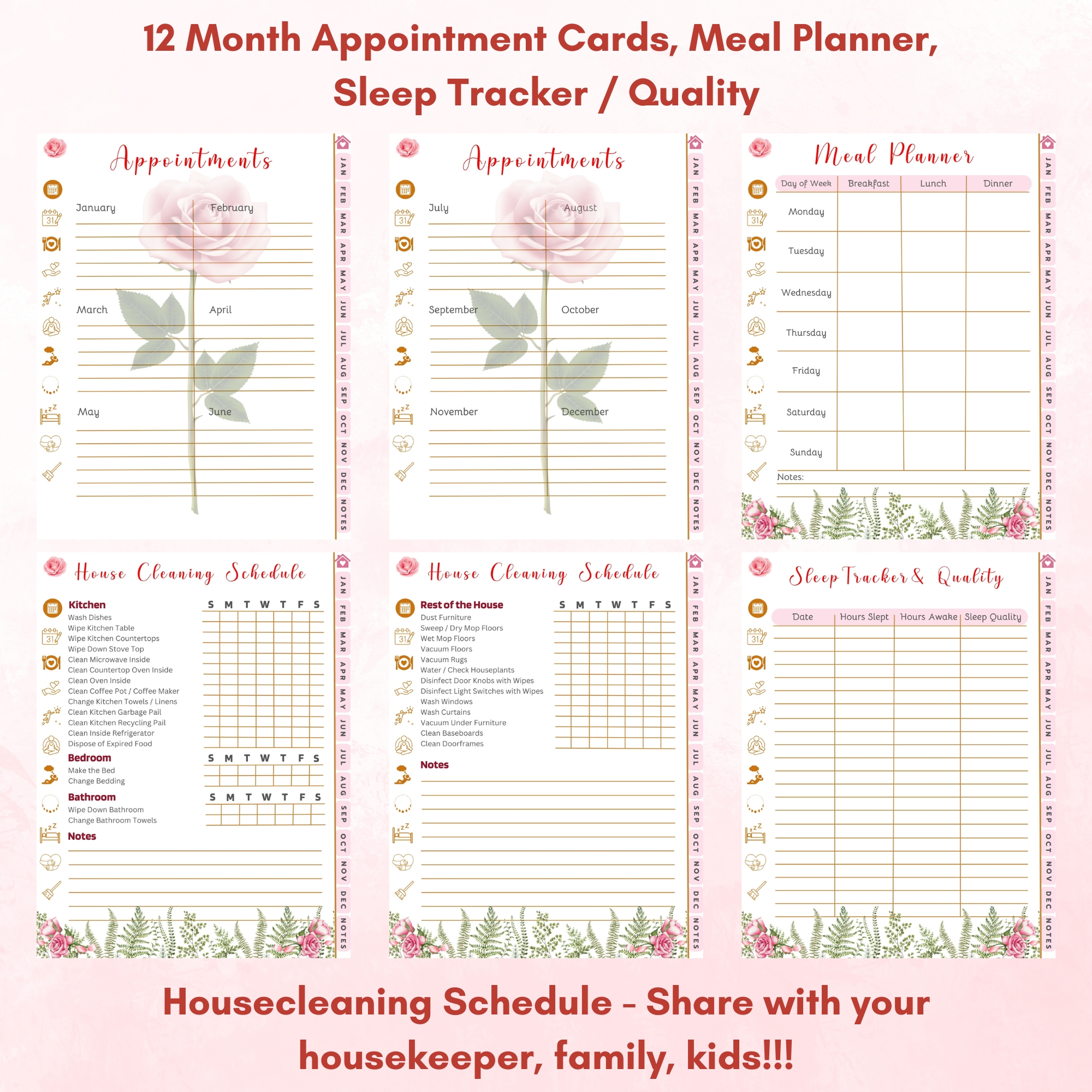 Pink Roses Digital Planner — iPad & Tablet | GoodNotes + Notability | Undated 80-Page Hyperlinked PDF
