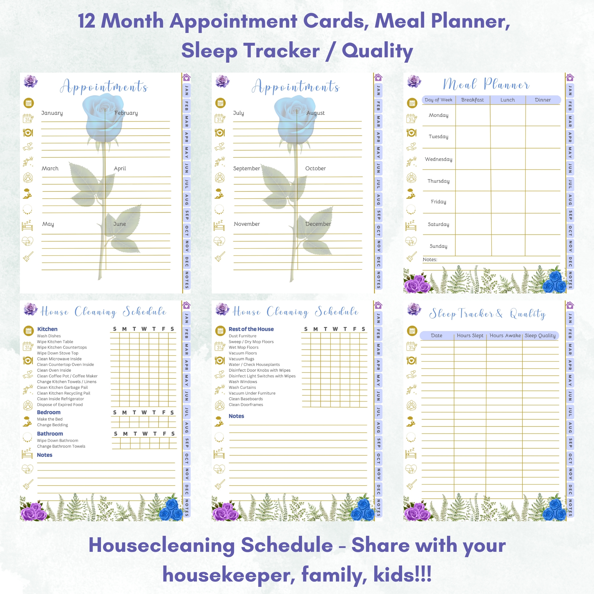 Blue Roses Digital Planner — iPad & Tablet | GoodNotes + Notability | Undated 80-Page Hyperlinked PDF