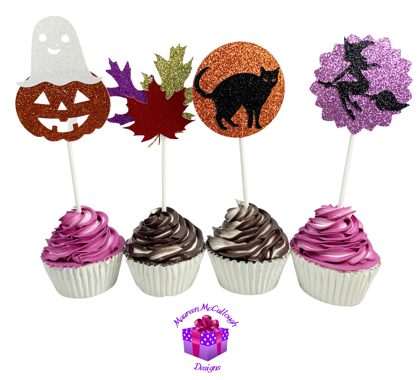 Halloween Cupcake Toppers Pumpkin Ghost Leaves Cat Witch Lavender Moon Set 01