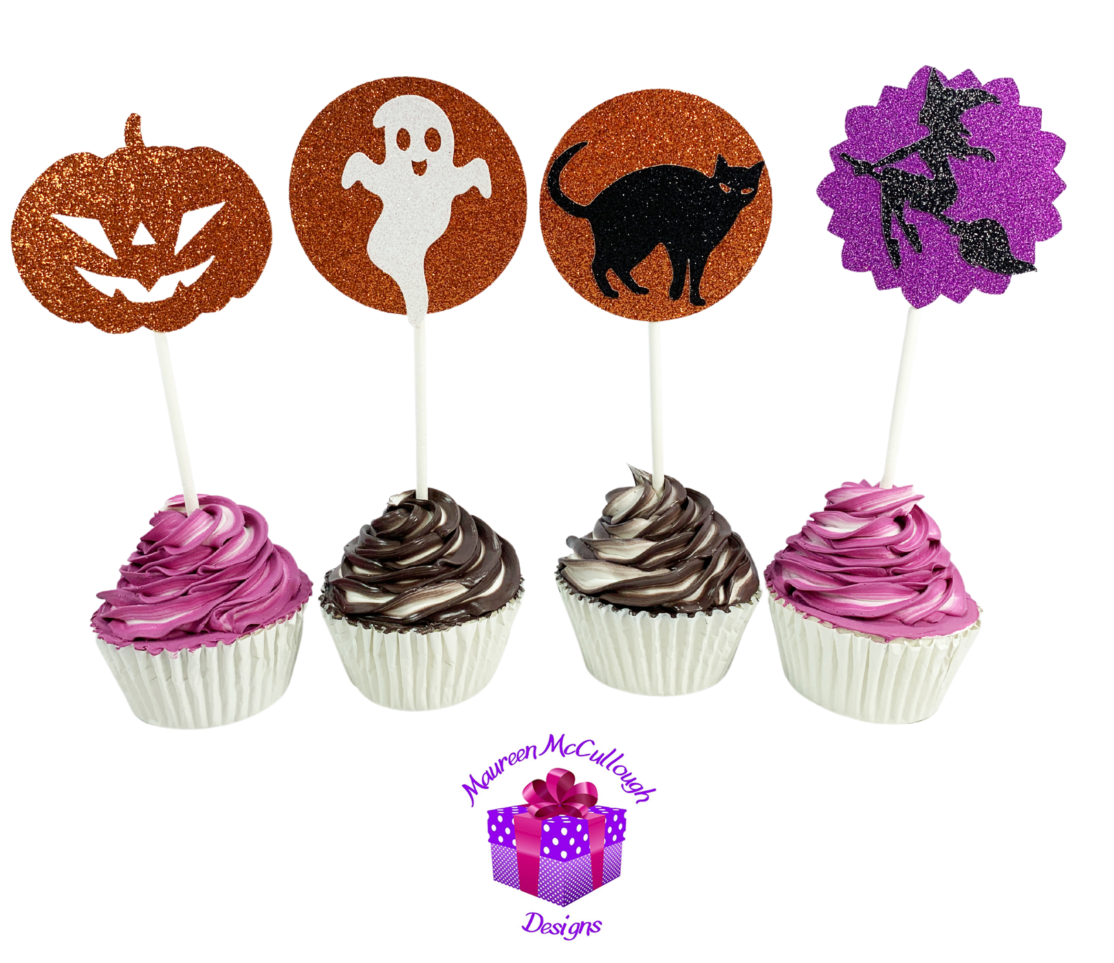 Halloween Cupcake Toppers Pumpkin Ghost Cat Witch Purple Moon Set 02