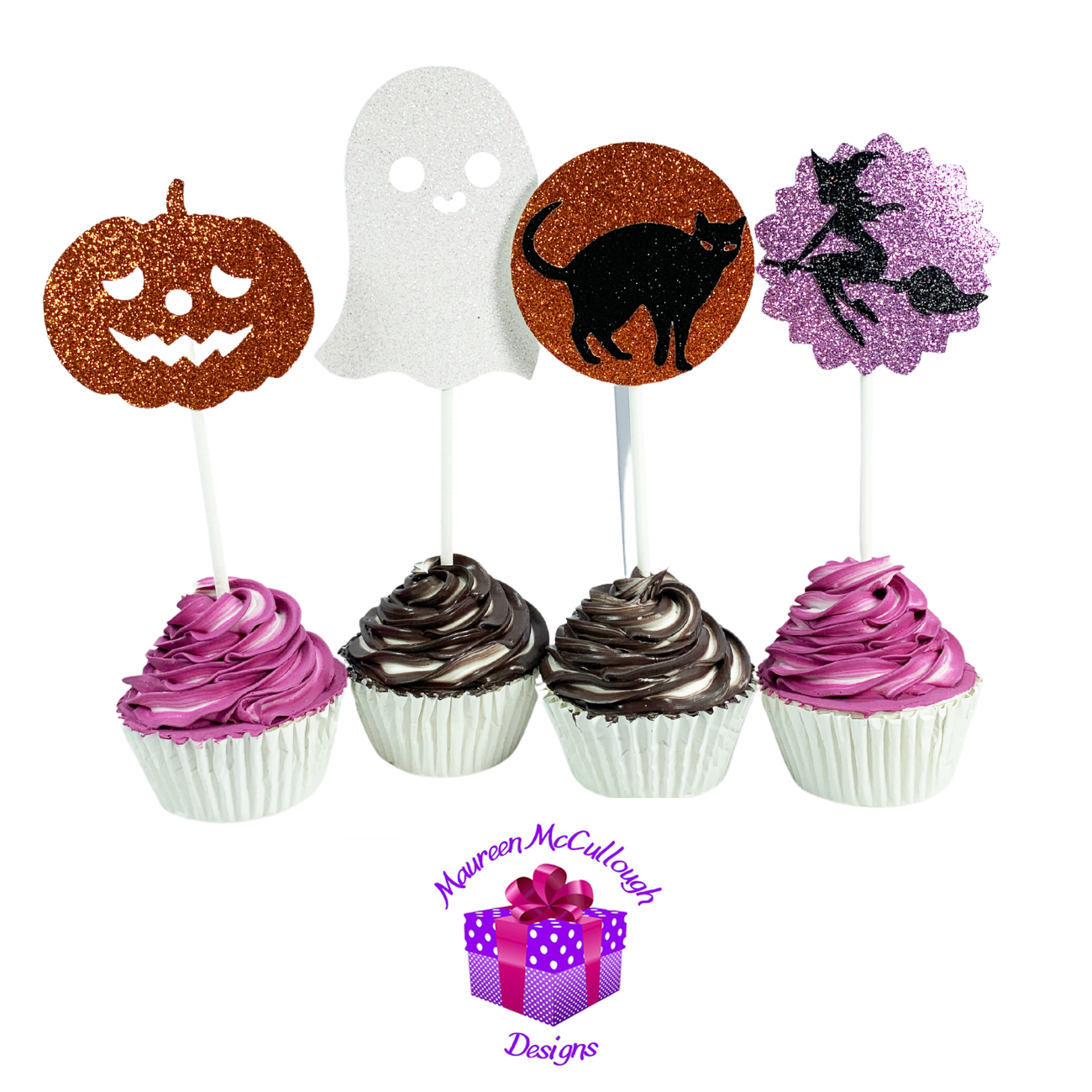 Halloween Cupcake Toppers Pumpkin Ghost Cat Witch Lavender Moon Set 03